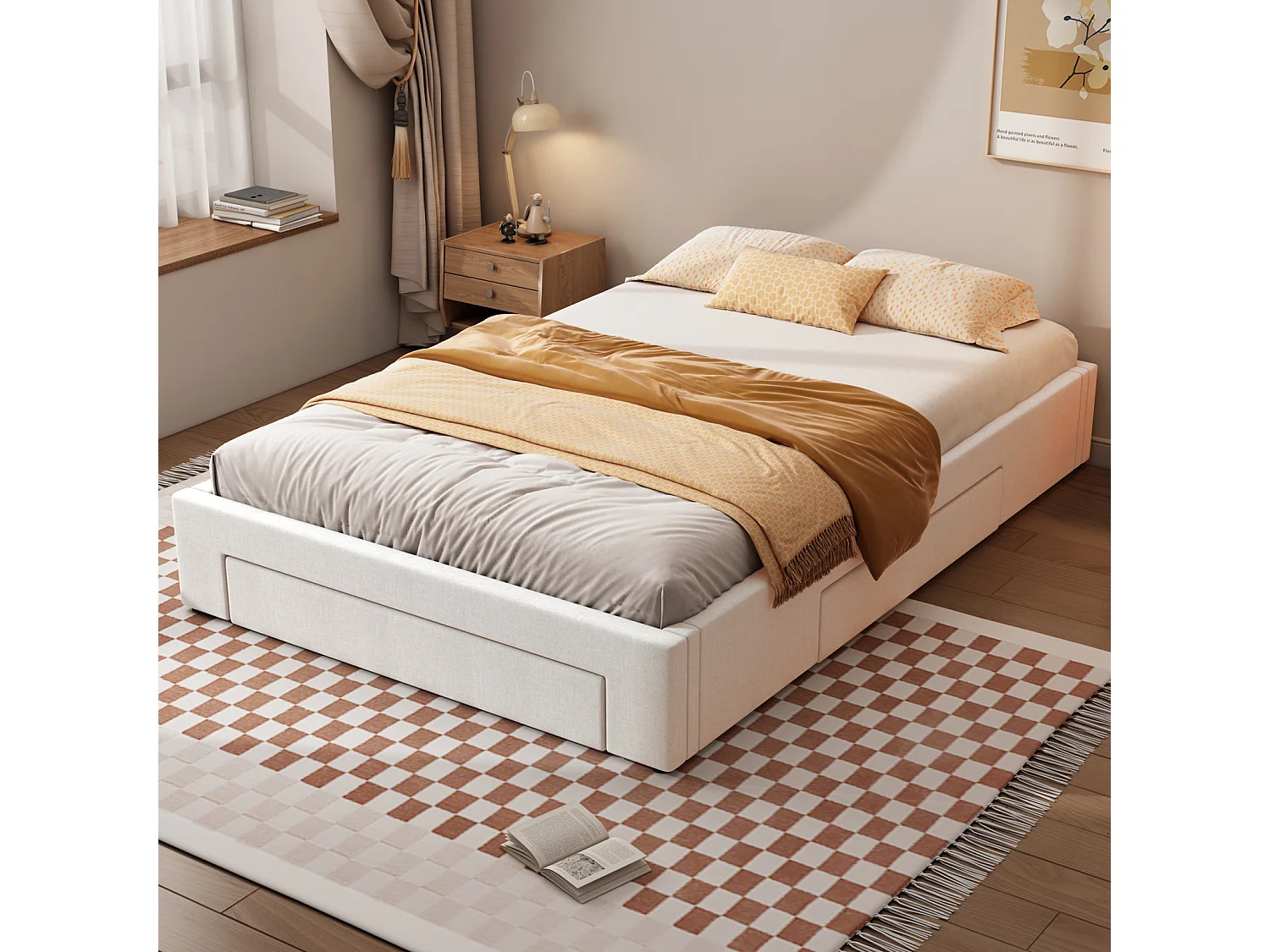 Struttura letto con 3 cassetti, con rete a doghe, senza testiera, beige 140x200cm