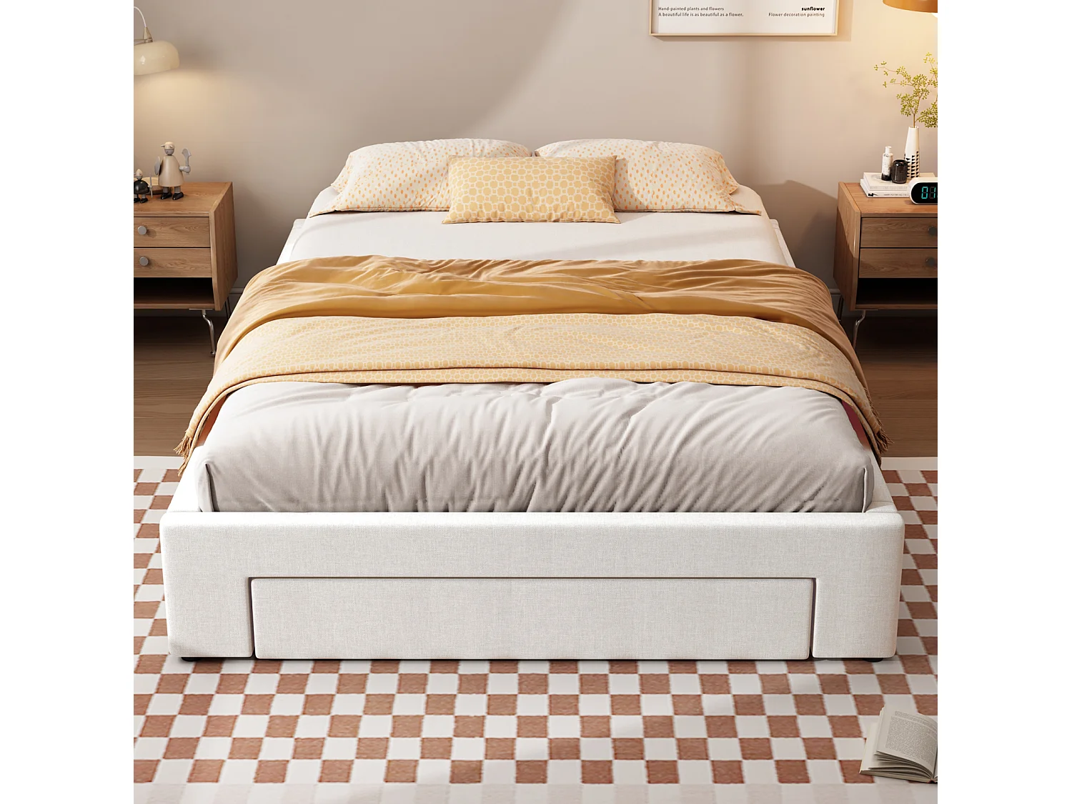 Struttura letto con 3 cassetti, con rete a doghe, senza testiera, beige 140x200cm
