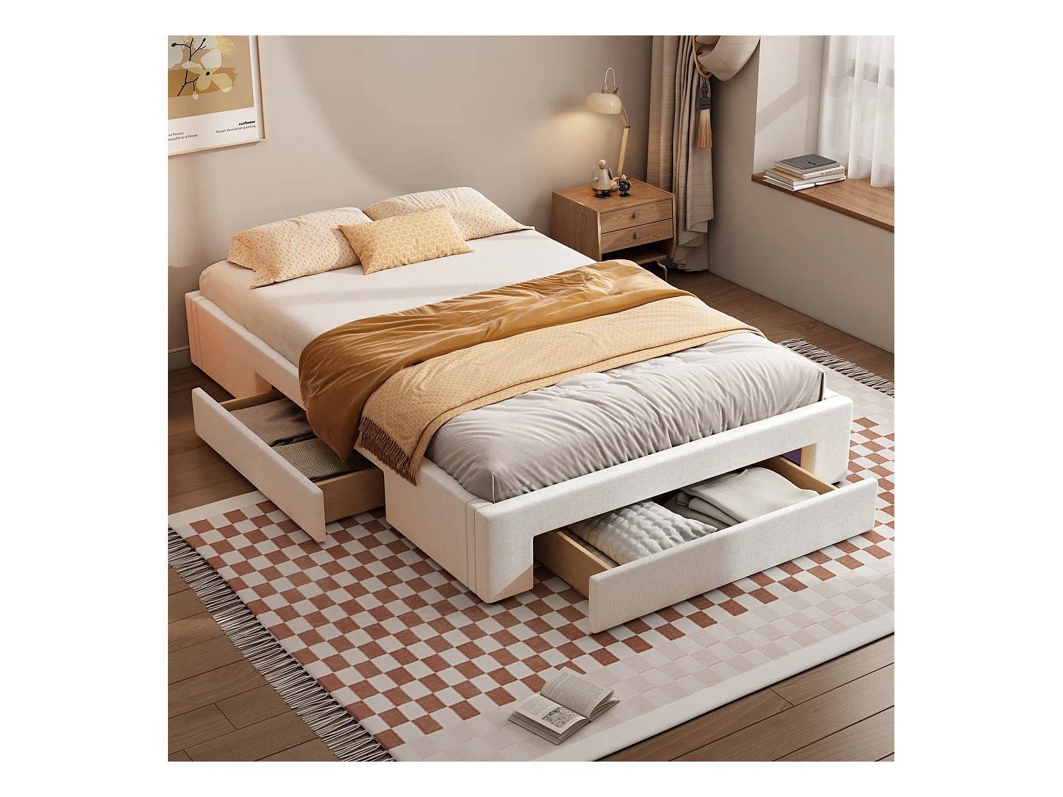Bedframe met 3 laden, met lattenbodem, zonder hoofdbord, beige 140x200cm