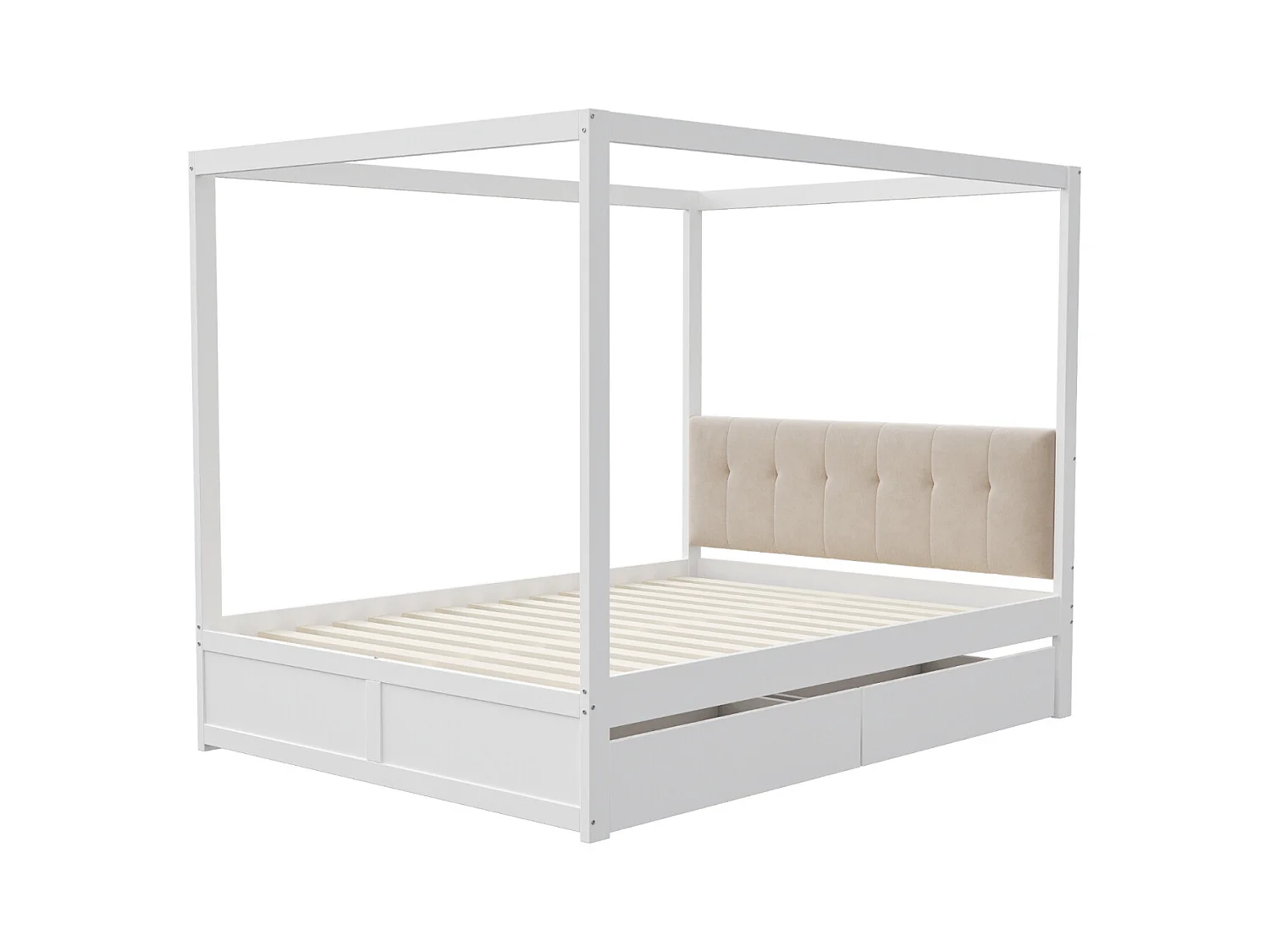 Cadre de lit à baldaquin 140 x 200 cm avec 2 grands tiroirs et dossier moelleux, lit en bois blanc