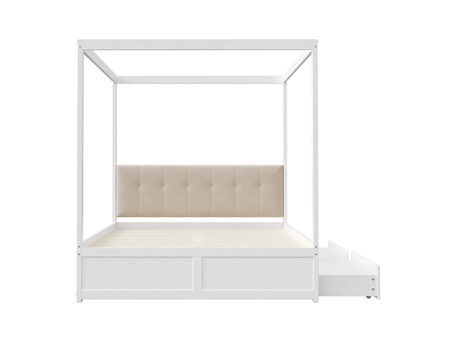 Cadre de lit à baldaquin 140 x 200 cm avec 2 grands tiroirs et dossier moelleux, lit en bois blanc