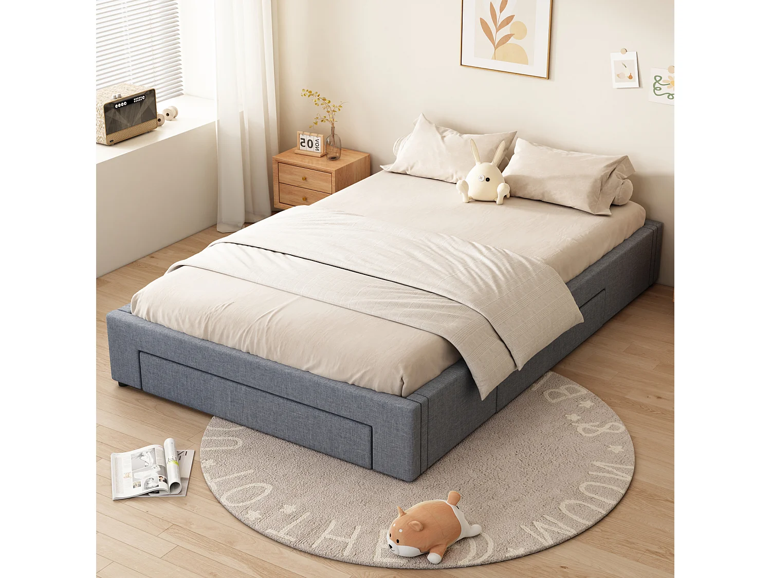 Cadre de lit avec 3 tiroirs, avec sommier à lattes, sans tête de lit, gris 140x200cm