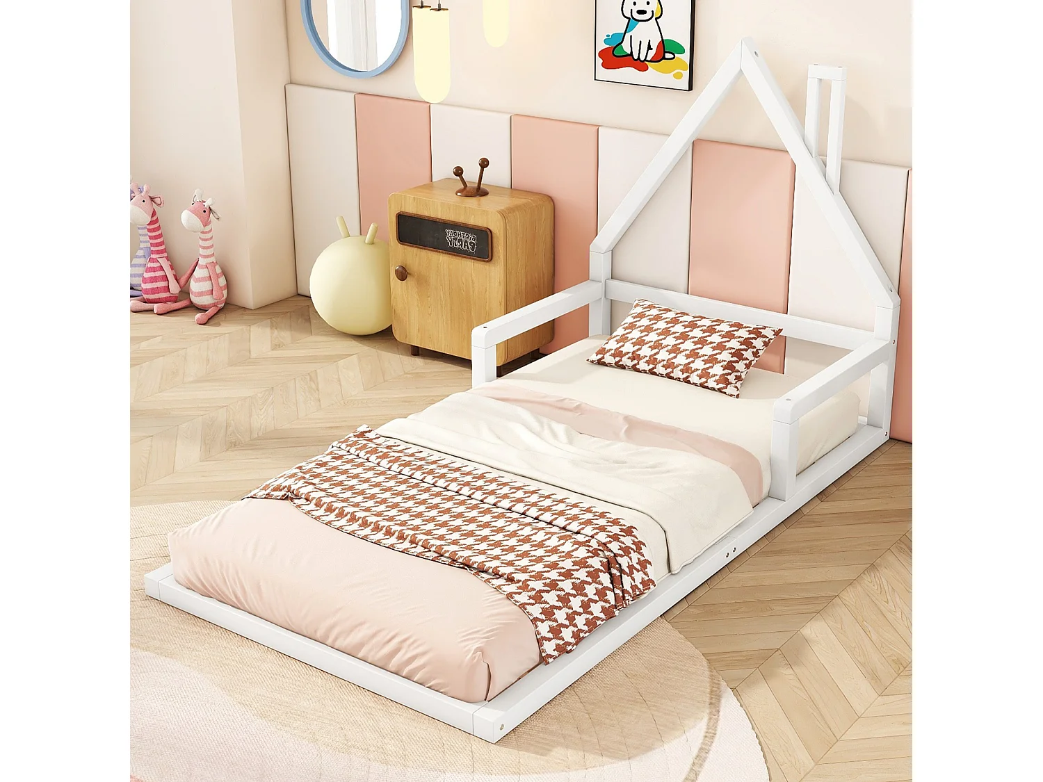 Lit cabane 90x200cm, lit enfant plat en forme maison avec sommier à lattes, en pin massif, blanc