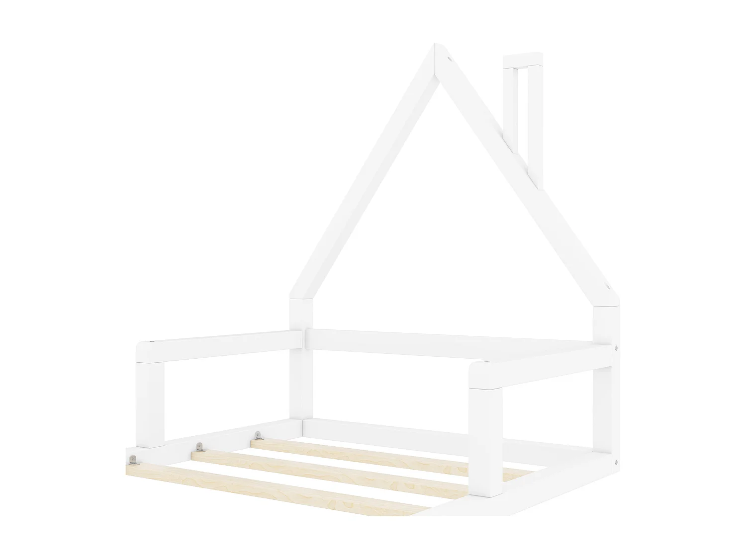 Lit cabane 90x200cm, lit enfant plat en forme maison avec sommier à lattes, en pin massif, blanc