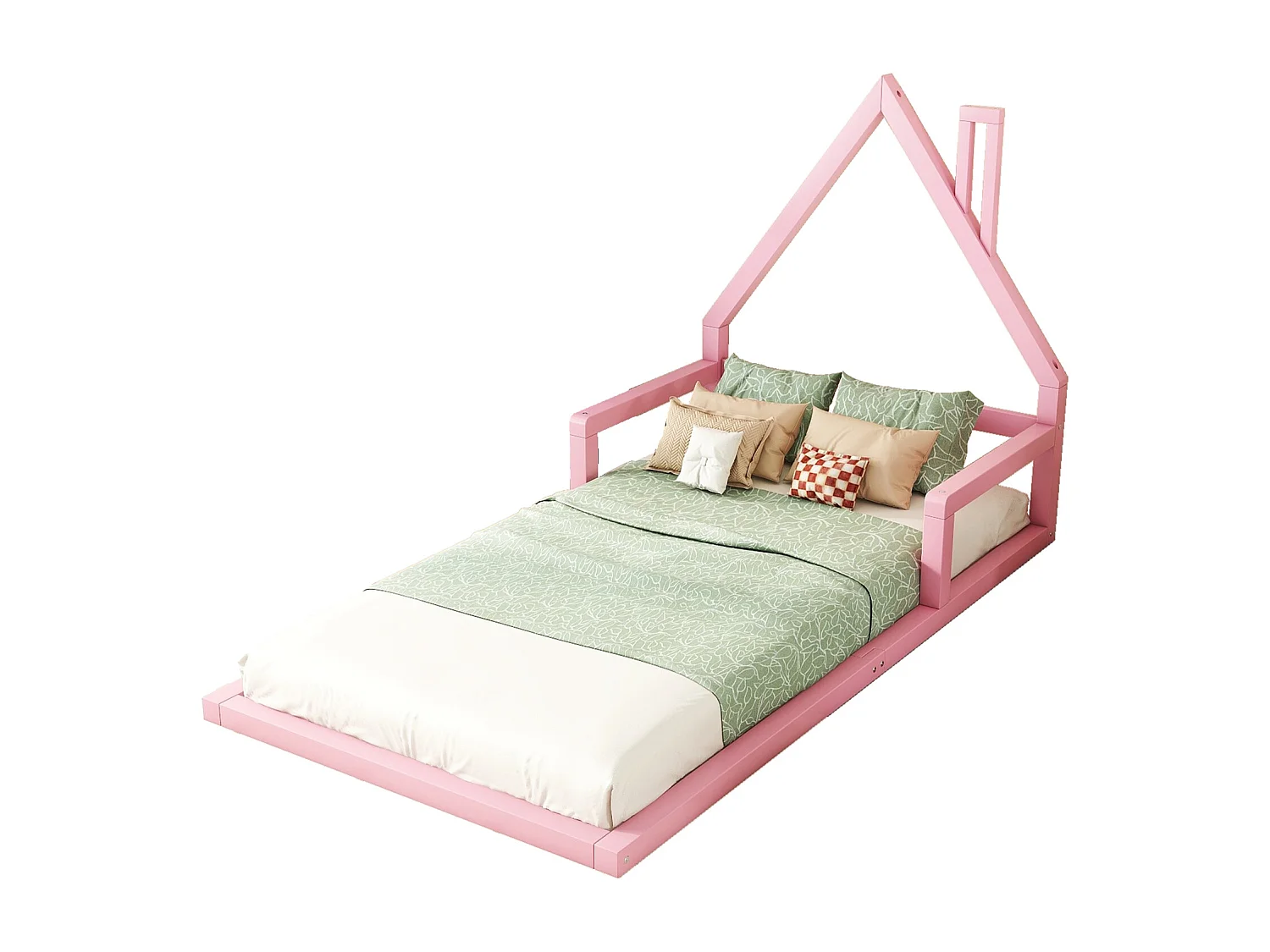 Lit cabane 90x200cm, lit enfant plat en forme maison avec sommier à lattes, en pin massif, rose
