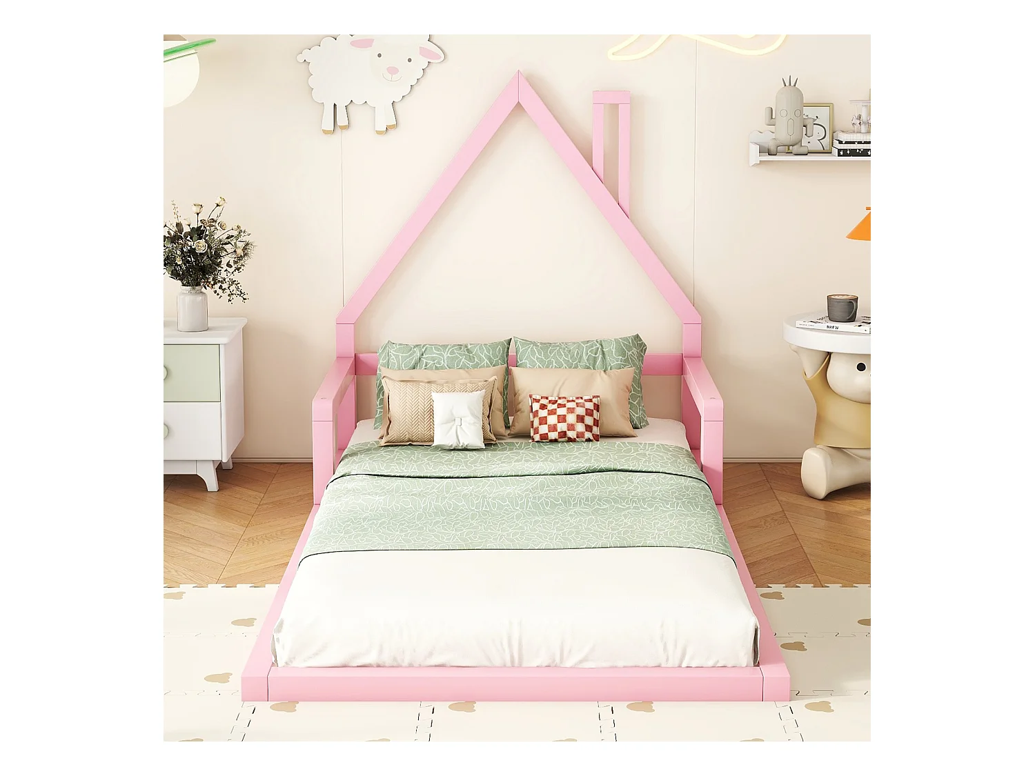 Lit cabane 90x200cm, lit enfant plat en forme maison avec sommier à lattes, en pin massif, rose