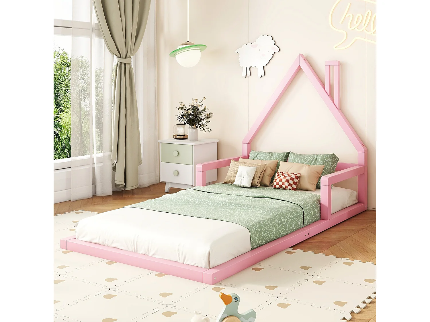 Cama de cabine 90x200cm, cama plana infantil em forma de casa com estrado de ripas, em pinho maciço, cor-de-rosa