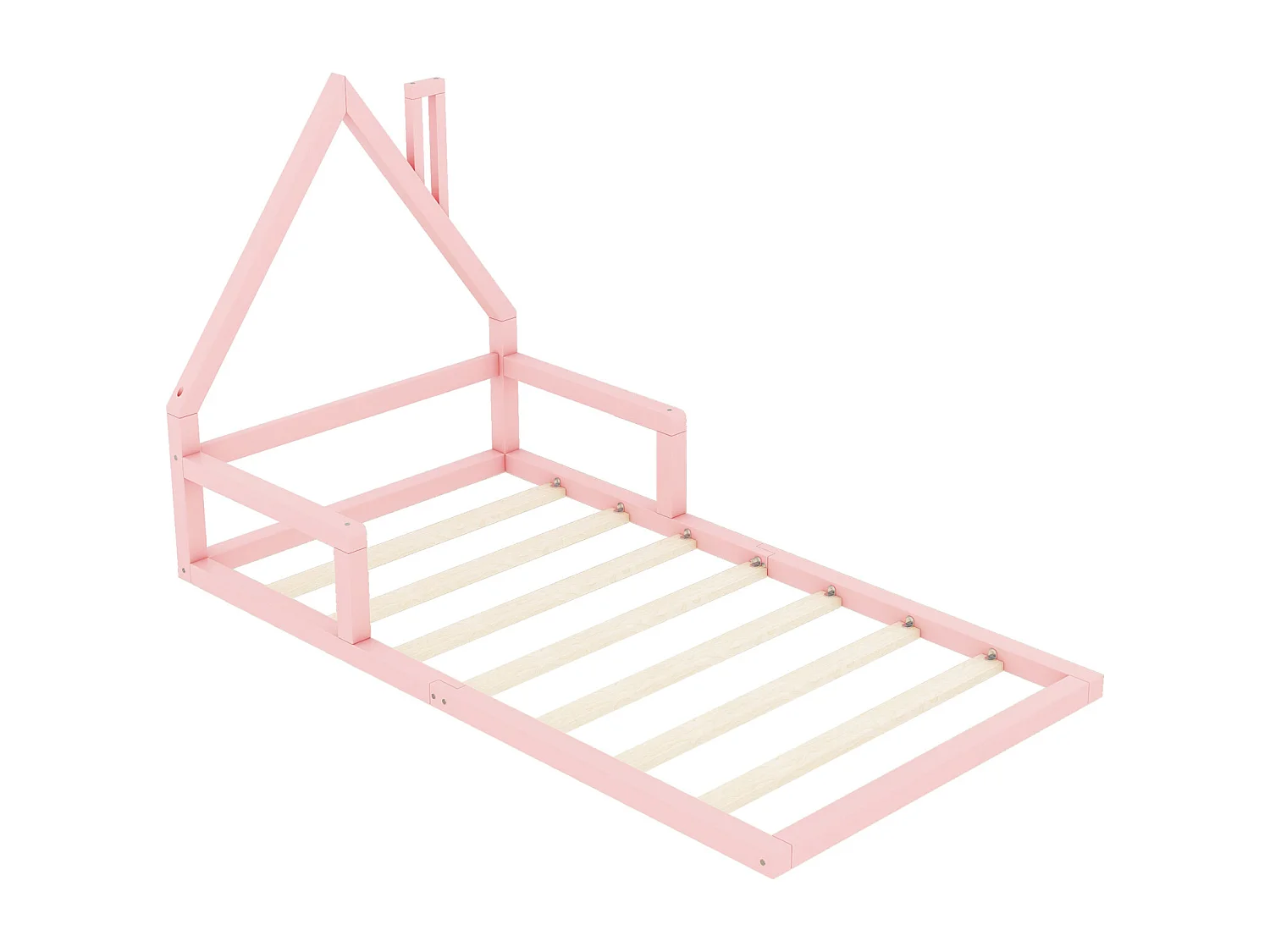 Cama de cabine 90x200cm, cama plana infantil em forma de casa com estrado de ripas, em pinho maciço, cor-de-rosa