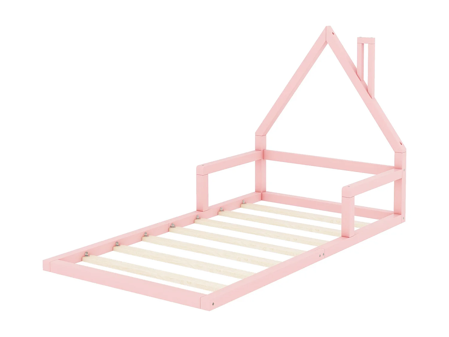Cama de cabine 90x200cm, cama plana infantil em forma de casa com estrado de ripas, em pinho maciço, cor-de-rosa