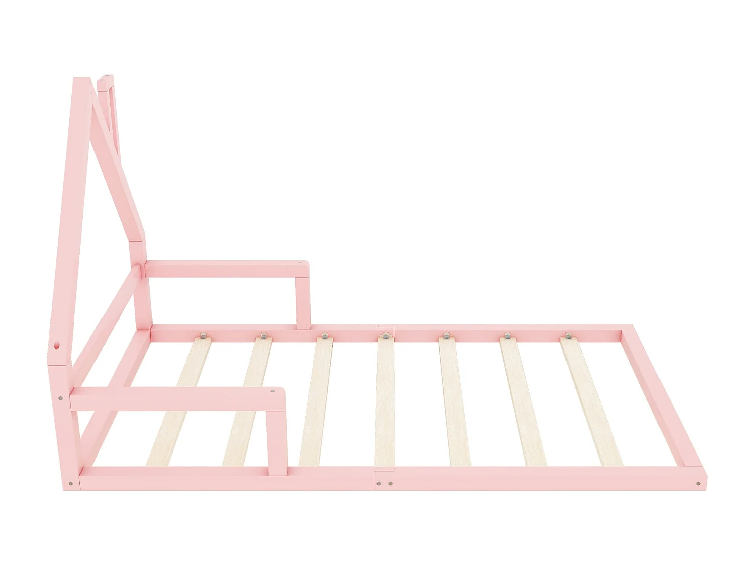 Cama de cabine 90x200cm, cama plana infantil em forma de casa com estrado de ripas, em pinho maciço, cor-de-rosa