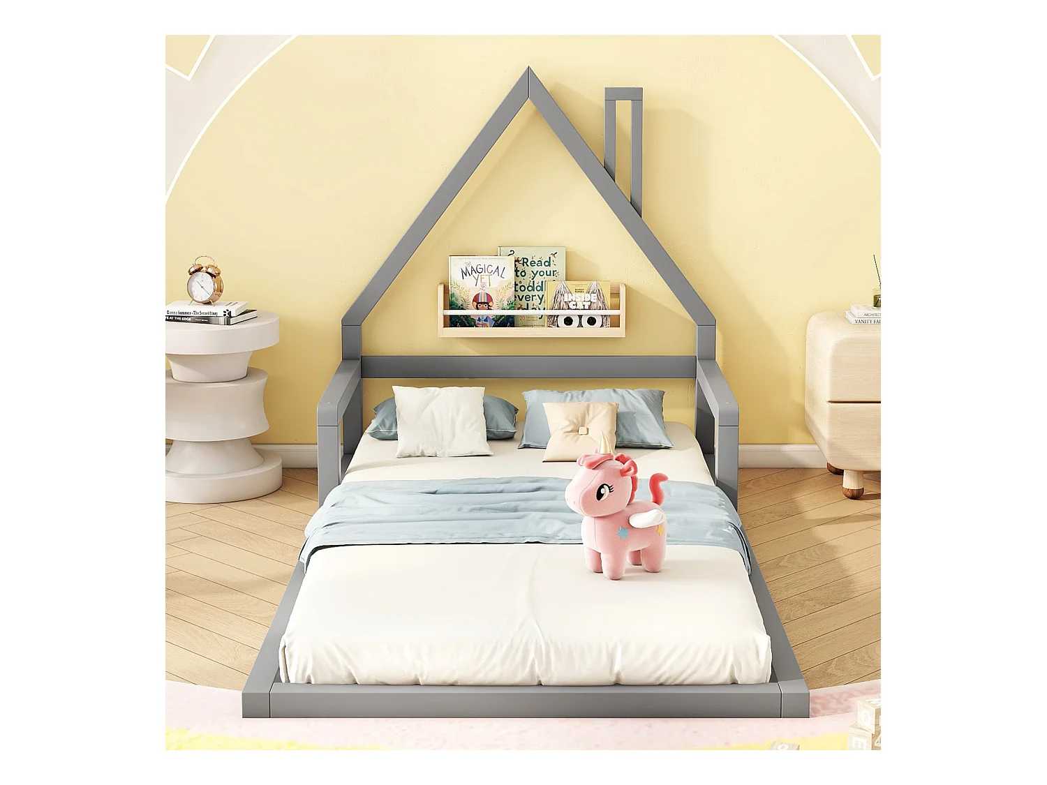 Lit cabane 90x200cm, lit enfant plat en forme maison avec sommier à lattes, en pin massif, gris