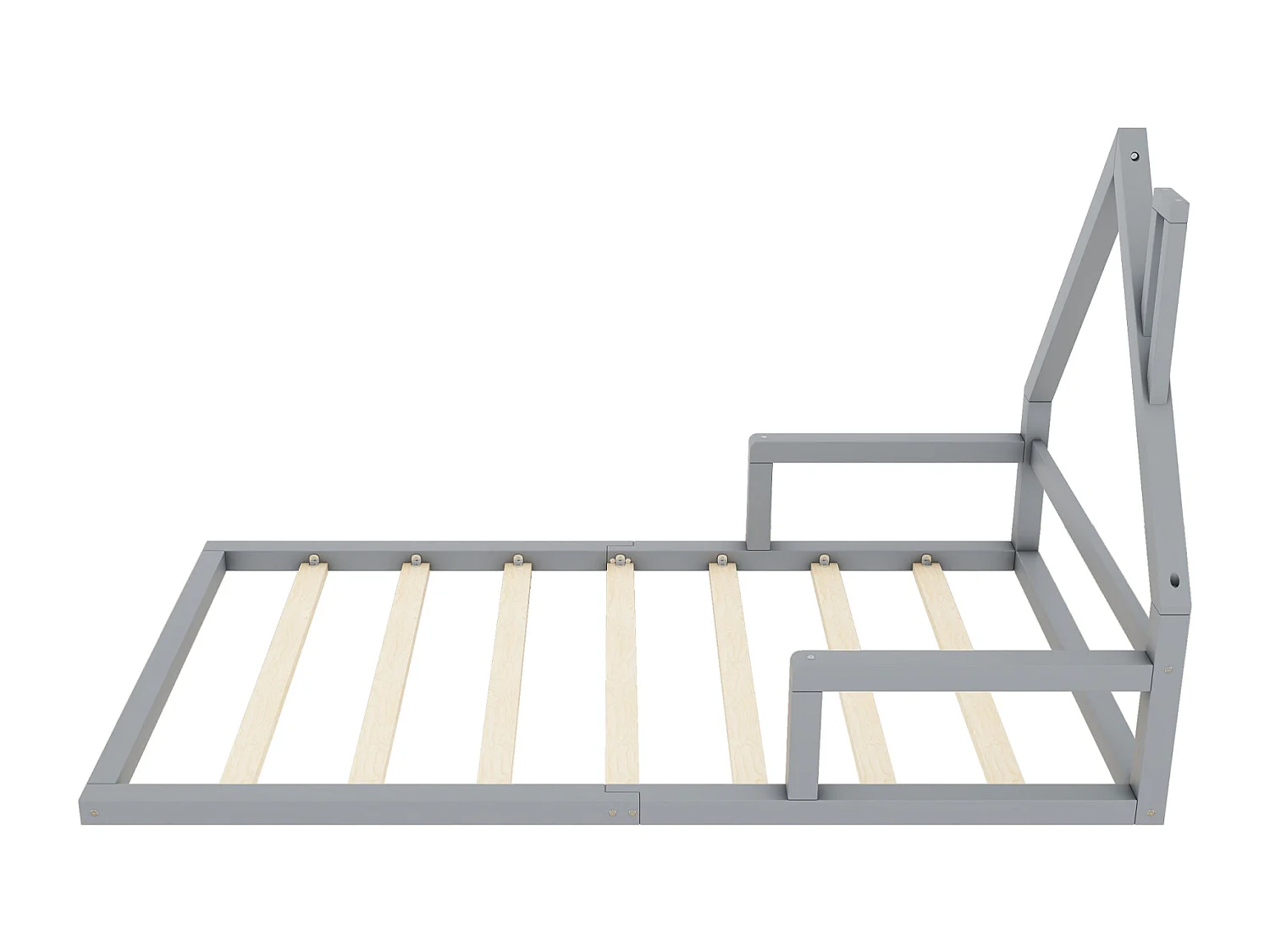 Lit cabane 90x200cm, lit enfant plat en forme maison avec sommier à lattes, en pin massif, gris