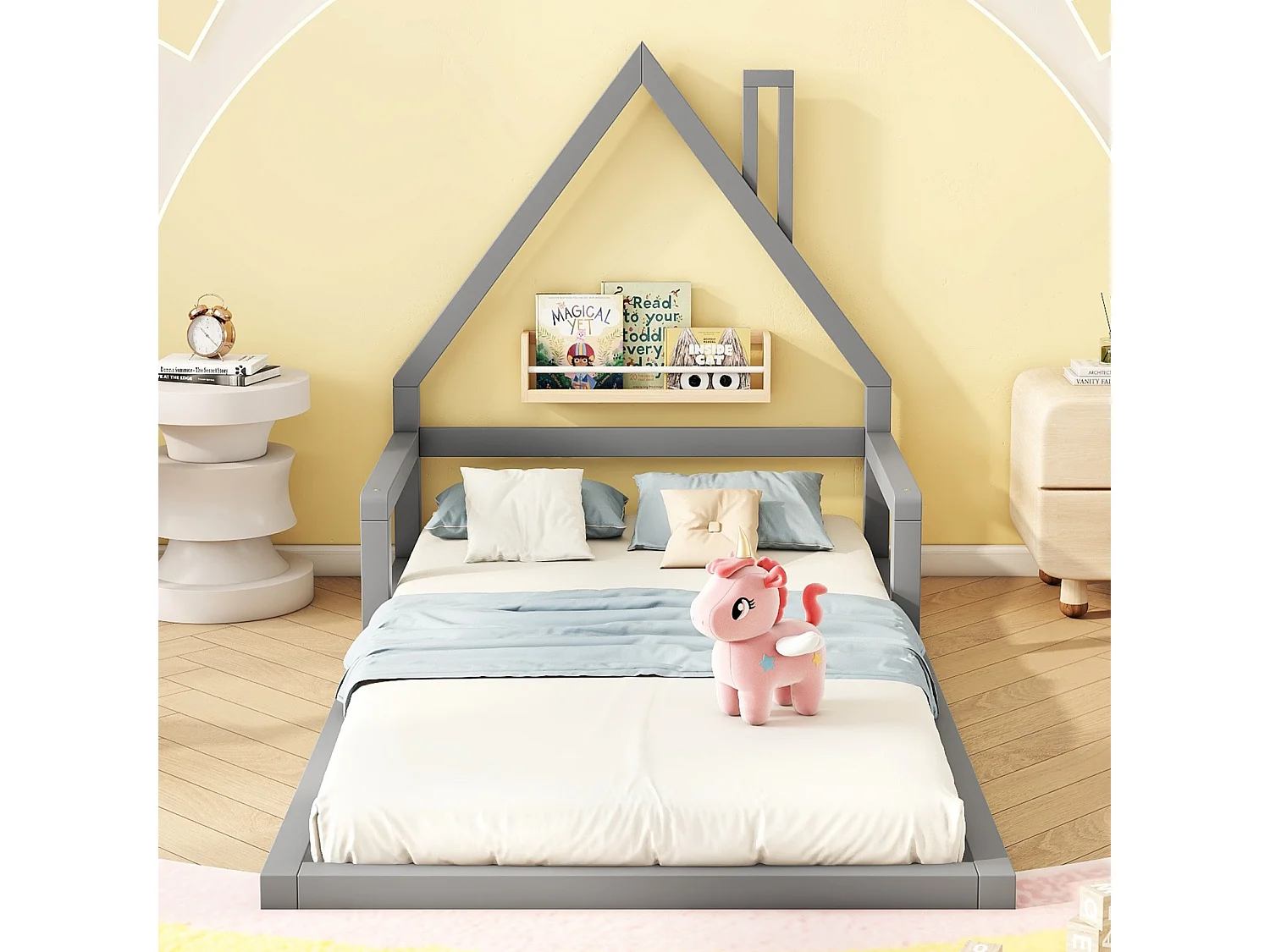 Lit cabane 90x200cm, lit enfant plat en forme maison avec sommier à lattes, en pin massif, gris