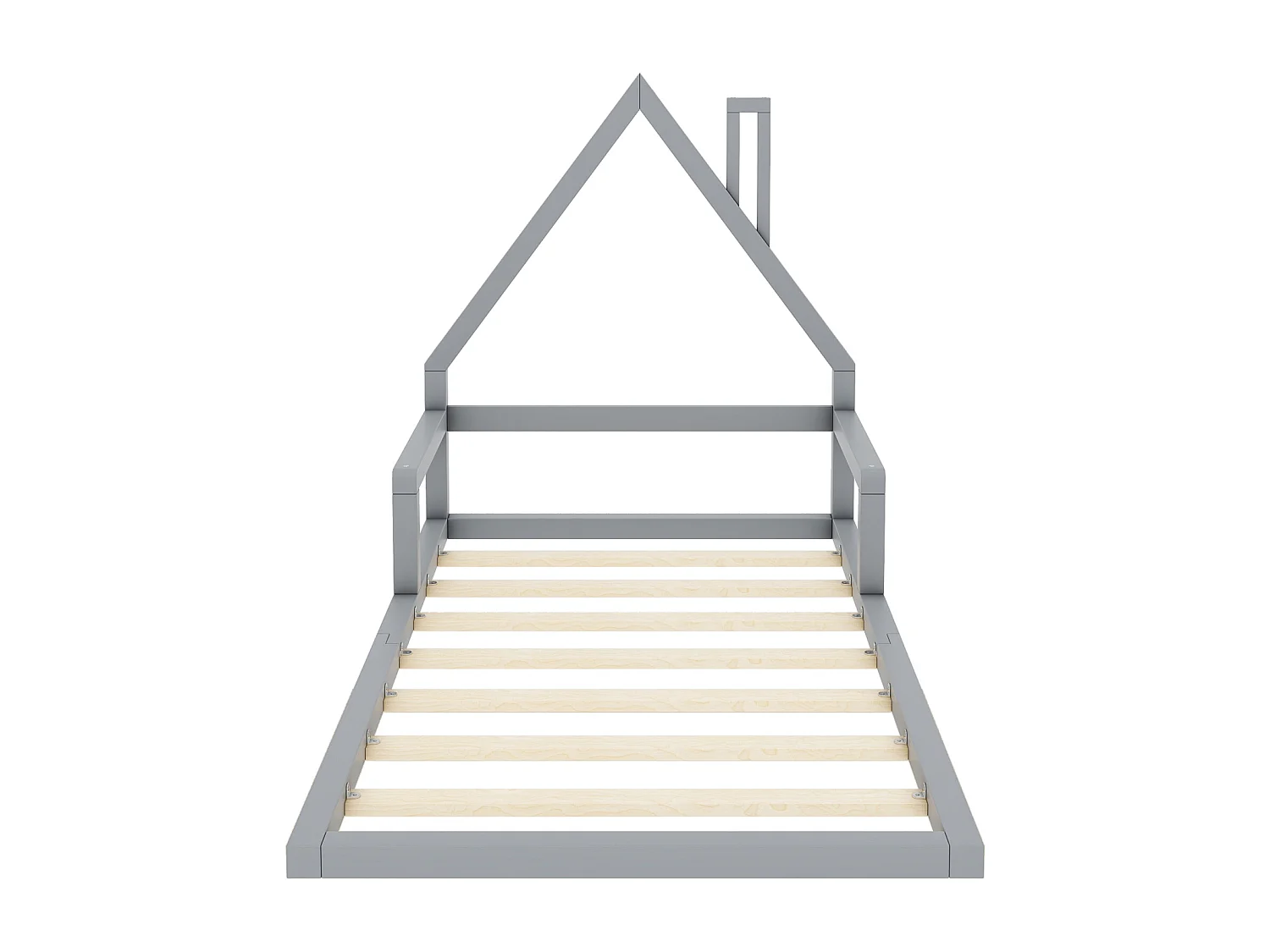 Lit cabane 90x200cm, lit enfant plat en forme maison avec sommier à lattes, en pin massif, gris