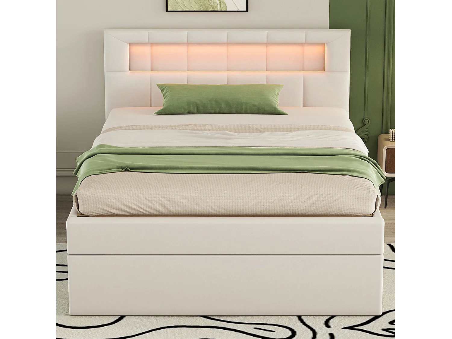 Cama de solteiro com arrumação 90x200cm, cama estofada, com estrado de ripas e cabeceira LED. estofamento elegante, bege