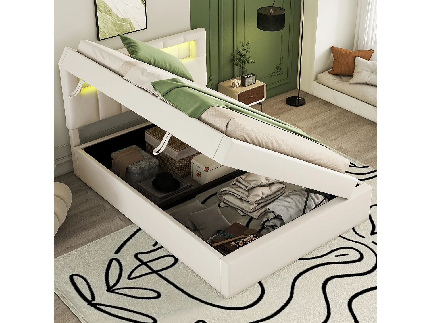Cama de solteiro com arrumação 90x200cm, cama estofada, com estrado de ripas e cabeceira LED. estofamento elegante, bege