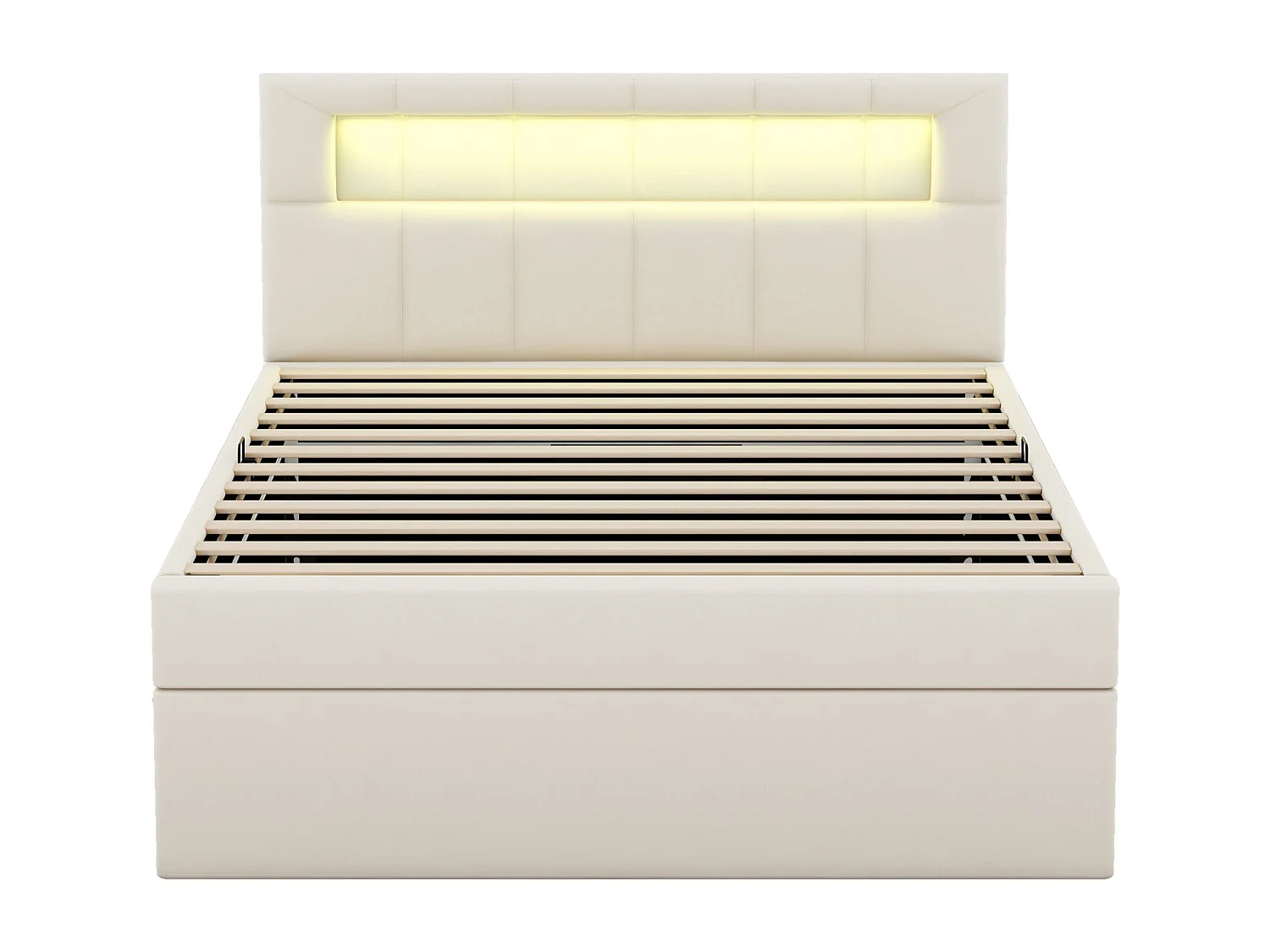 Cama de solteiro com arrumação 90x200cm, cama estofada, com estrado de ripas e cabeceira LED. estofamento elegante, bege