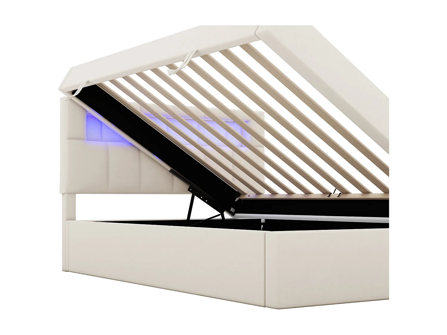 Cama de solteiro com arrumação 90x200cm, cama estofada, com estrado de ripas e cabeceira LED. estofamento elegante, bege