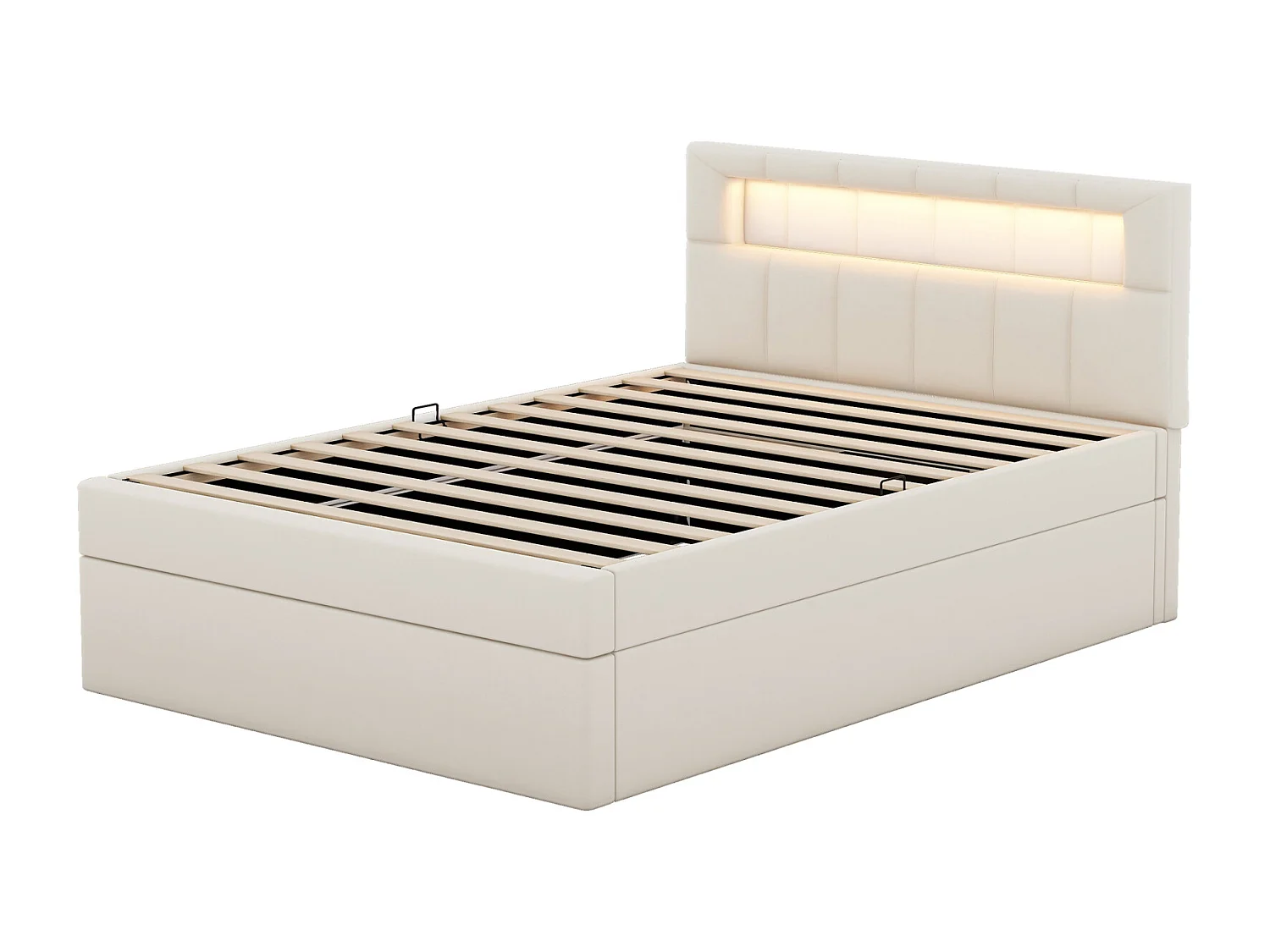 Cama de solteiro com arrumação 90x200cm, cama estofada, com estrado de ripas e cabeceira LED. estofamento elegante, bege