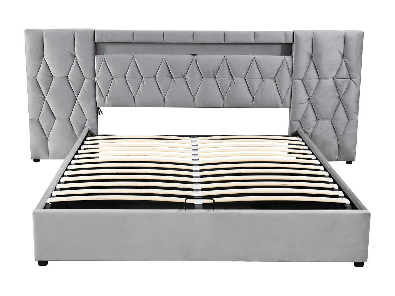 Cama de arrumação almofadada 180x200cm - com costas grandes - com LED e porta USB - veludo - cama de arrumação - cinzento