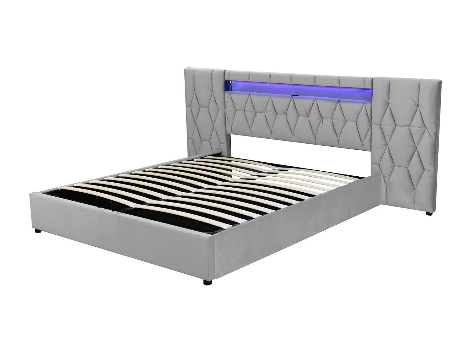 Cama de arrumação almofadada 180x200cm - com costas grandes - com LED e porta USB - veludo - cama de arrumação - cinzento