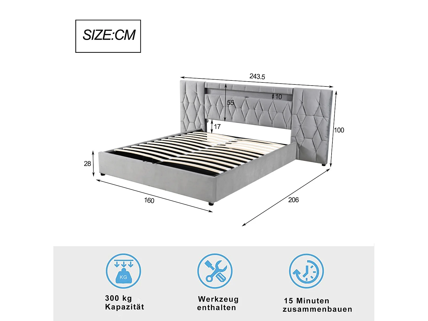 Cama de arrumação almofadada 160x200cm - com costas grandes - com LED e porta USB - veludo - cama de arrumação - cinzento