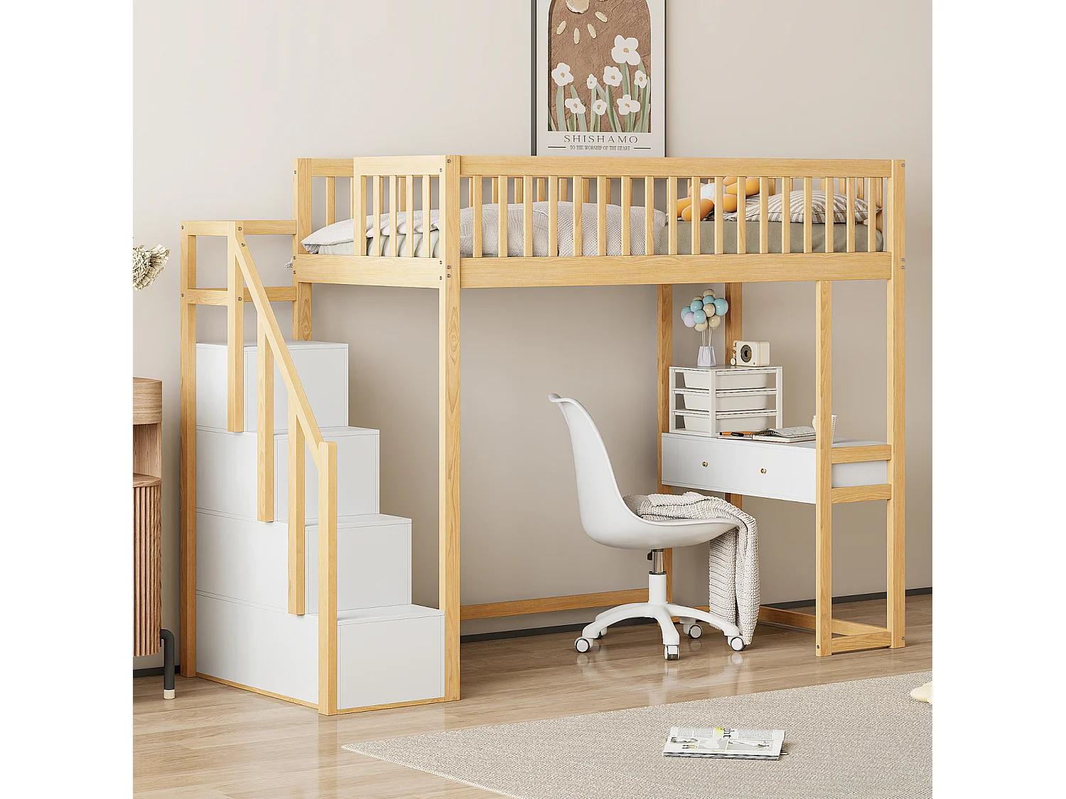 Hoogslaper - 90x200 cm - met tafel, veilige opbergtrap, massief grenenhouten bedframe voor kinderen en tieners Hout + Wit