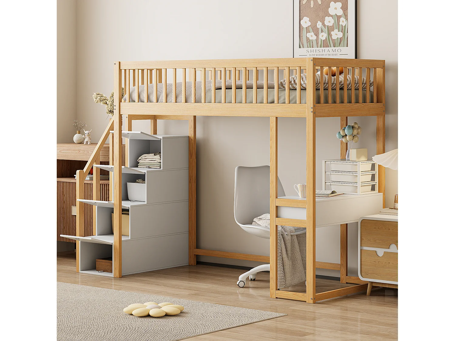 Hoogslaper - 90x200 cm - met tafel, veilige opbergtrap, massief grenenhouten bedframe voor kinderen en tieners Hout + Wit