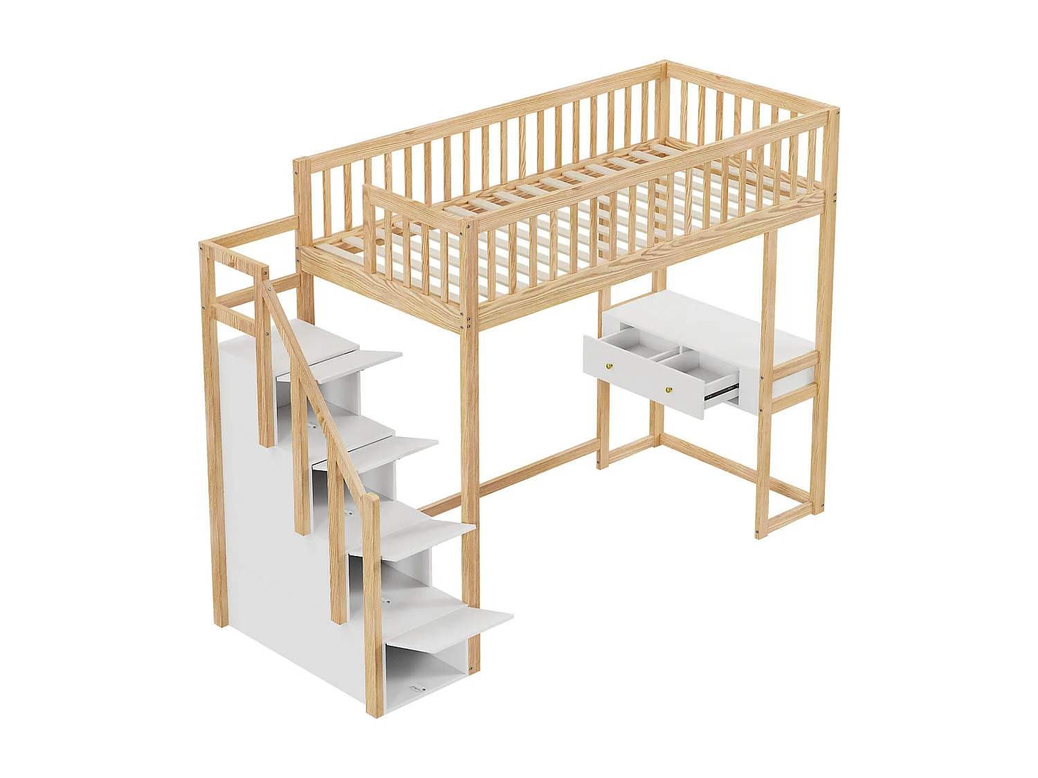 Hoogslaper - 90x200 cm - met tafel, veilige opbergtrap, massief grenenhouten bedframe voor kinderen en tieners Hout + Wit