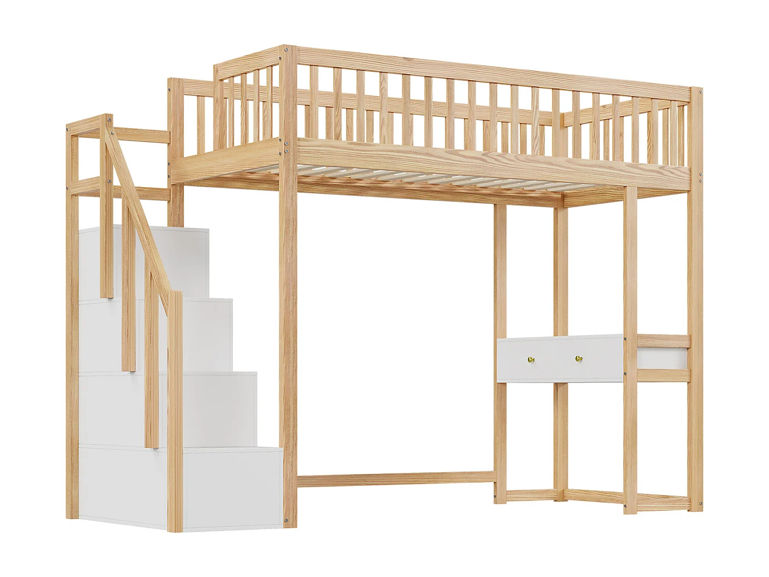 Hoogslaper - 90x200 cm - met tafel, veilige opbergtrap, massief grenenhouten bedframe voor kinderen en tieners Hout + Wit