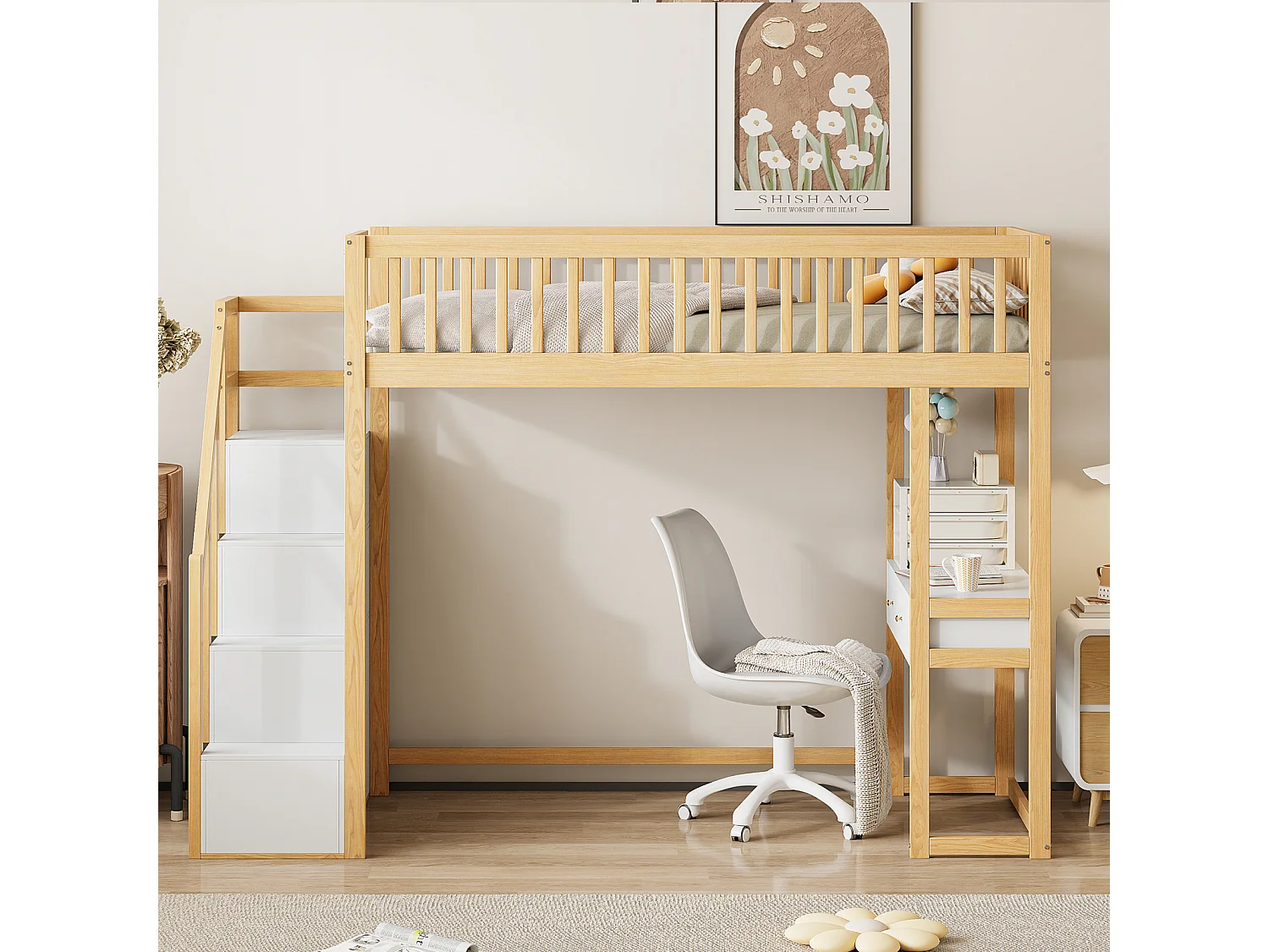 Hoogslaper - 90x200 cm - met tafel, veilige opbergtrap, massief grenenhouten bedframe voor kinderen en tieners Hout + Wit