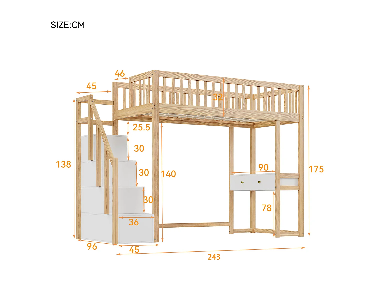 Hoogslaper - 90x200 cm - met tafel, veilige opbergtrap, massief grenenhouten bedframe voor kinderen en tieners Hout + Wit