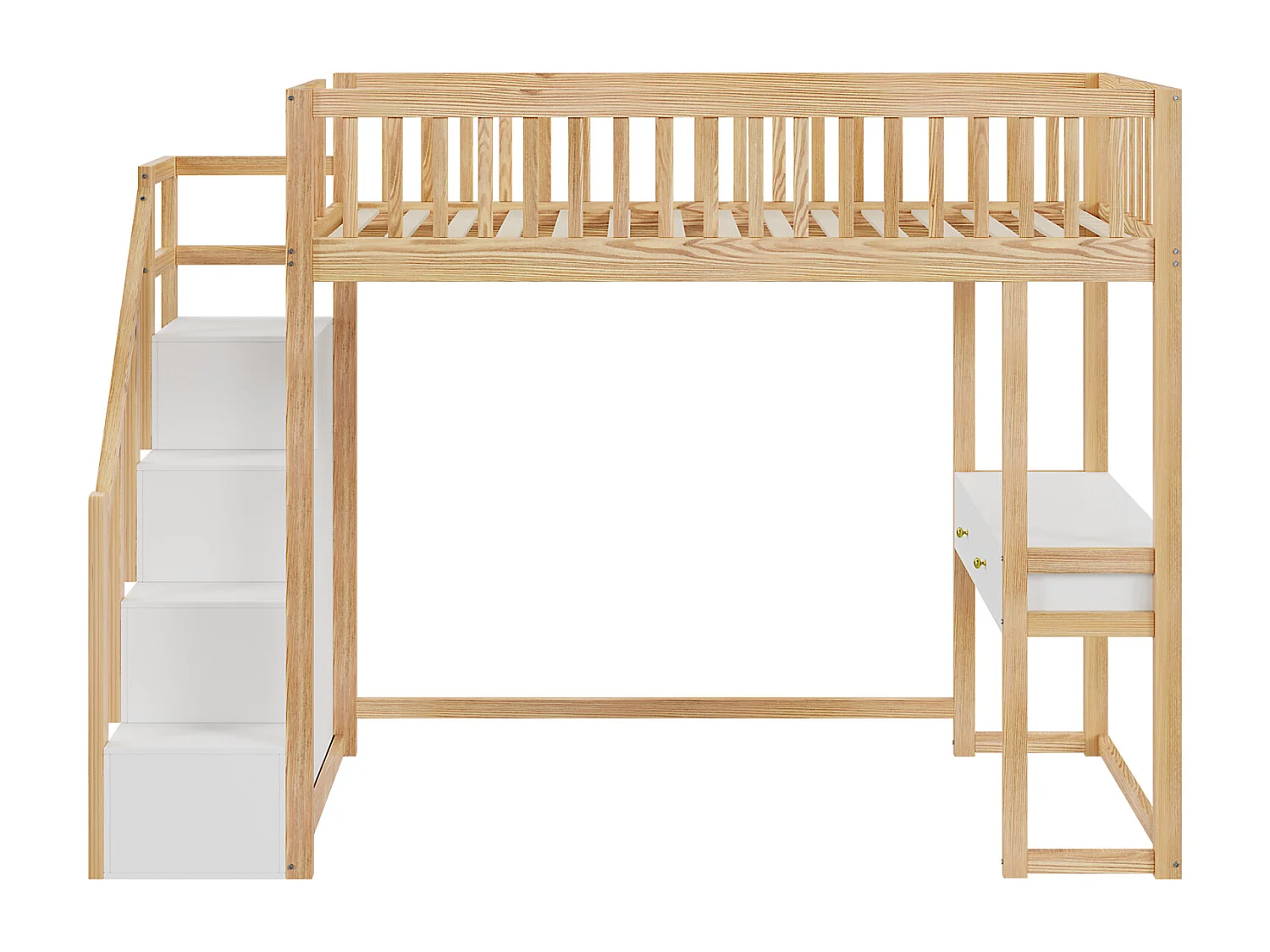 Hoogslaper - 90x200 cm - met tafel, veilige opbergtrap, massief grenenhouten bedframe voor kinderen en tieners Hout + Wit