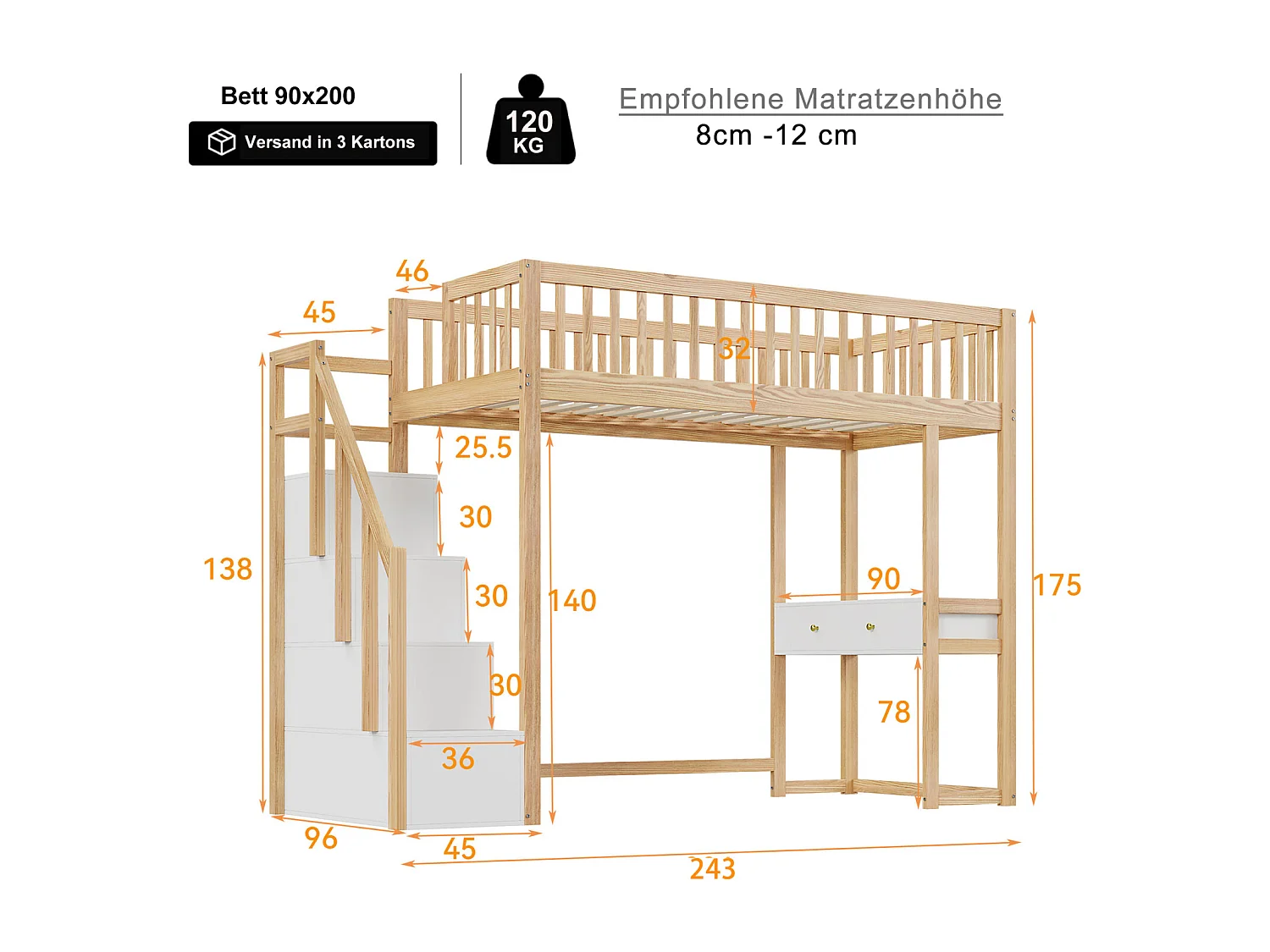 Hoogslaper - 90x200 cm - met tafel, veilige opbergtrap, massief grenenhouten bedframe voor kinderen en tieners Hout + Wit