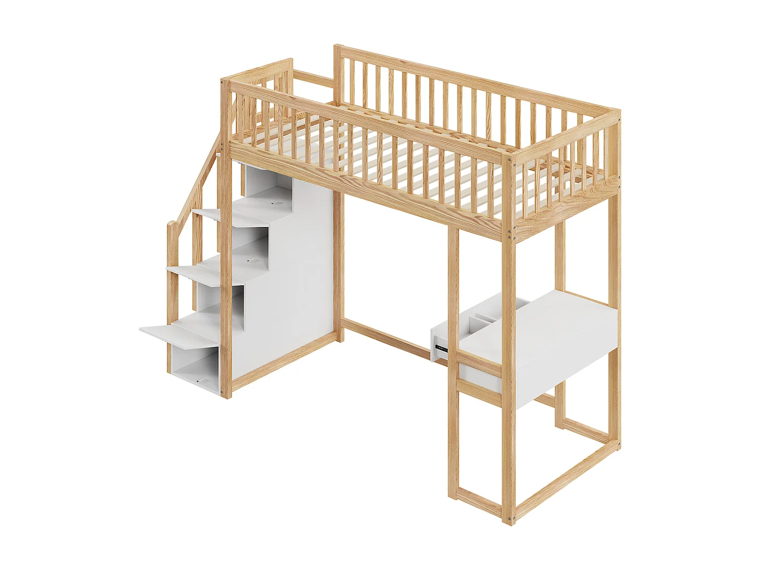 Hoogslaper - 90x200 cm - met tafel, veilige opbergtrap, massief grenenhouten bedframe voor kinderen en tieners Hout + Wit