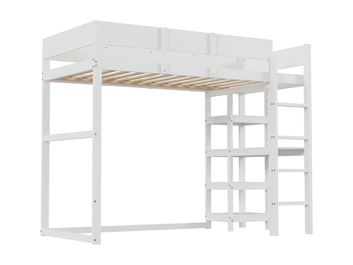 Lit mezzanine enfant 90 x 200 cm, avec étagère de rangement, cadre de lit en pin massif, sommier à lattes, lit pour enfants et adolescents, Blanc