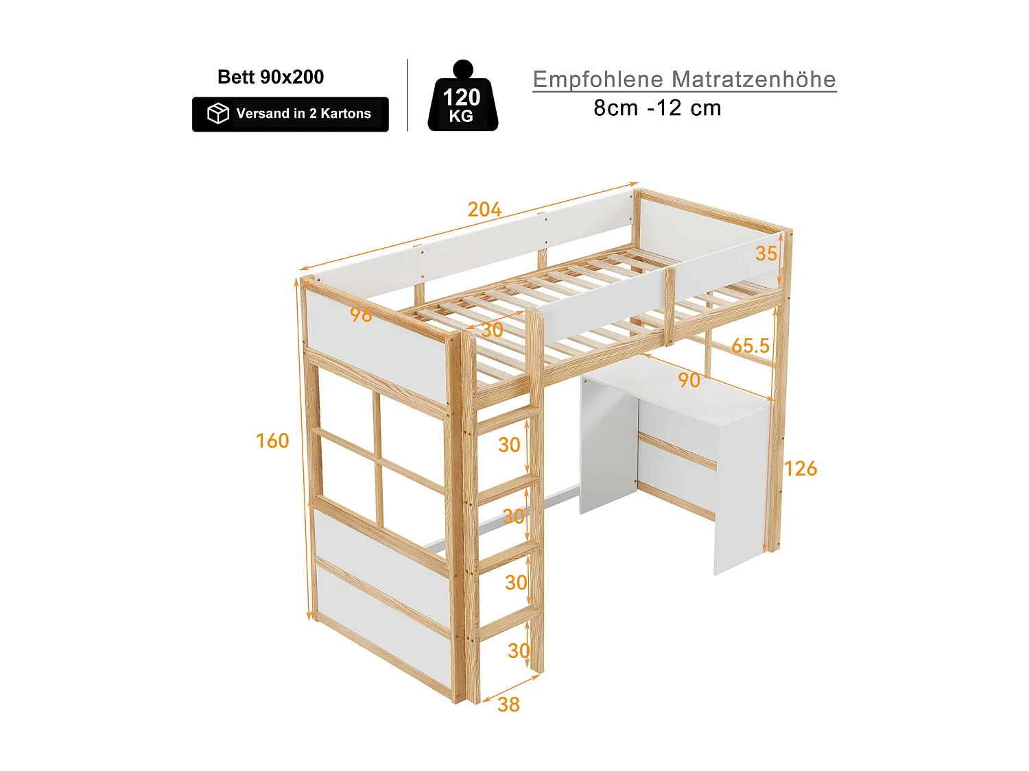 Letto a soppalco in legno 90*200cm, scale di sicurezza, con tavolo, design recinzione alta, letto singolo, lettino per bambini, legno+bianco