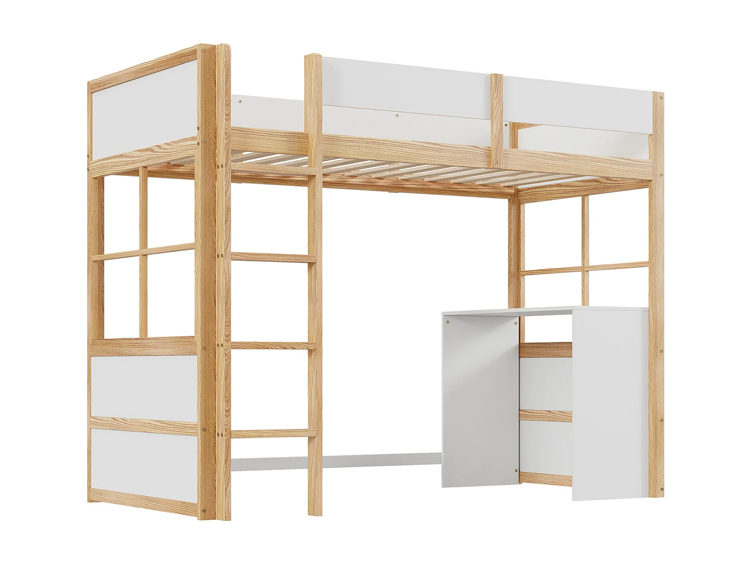 Letto a soppalco in legno 90*200cm, scale di sicurezza, con tavolo, design recinzione alta, letto singolo, lettino per bambini, legno+bianco