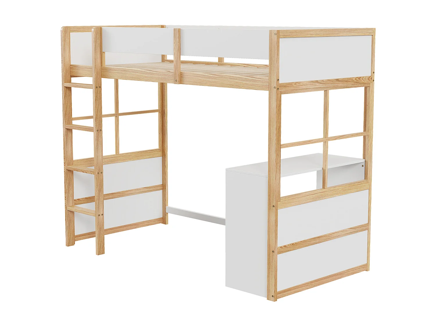 Letto a soppalco in legno 90*200cm, scale di sicurezza, con tavolo, design recinzione alta, letto singolo, lettino per bambini, legno+bianco