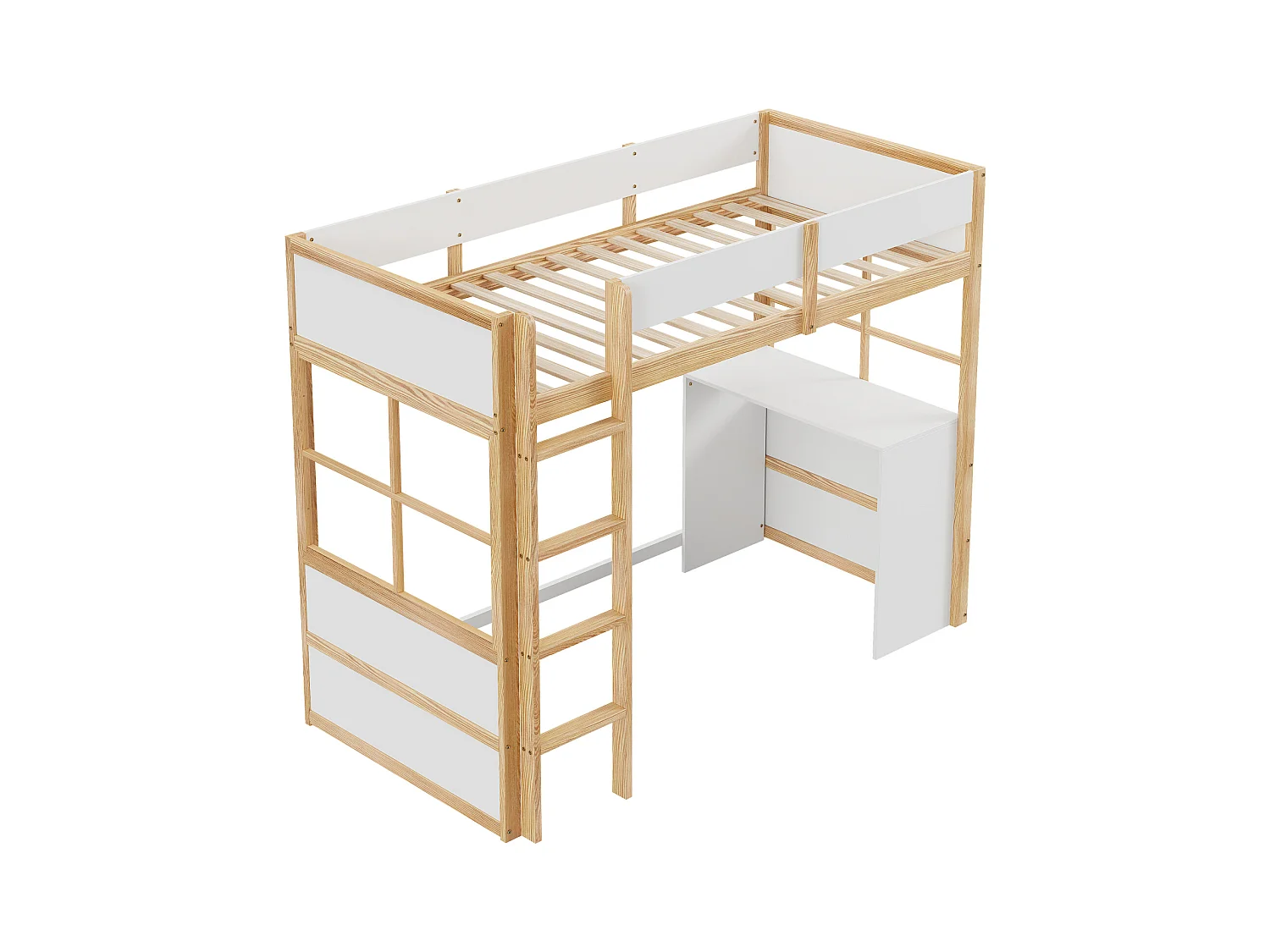 Hochbett aus Holz 90*200cm, Sicherheitstreppe, mit Tisch, Hochzaun-Design, Einzelbett, Babybett, Holz + Weiß
