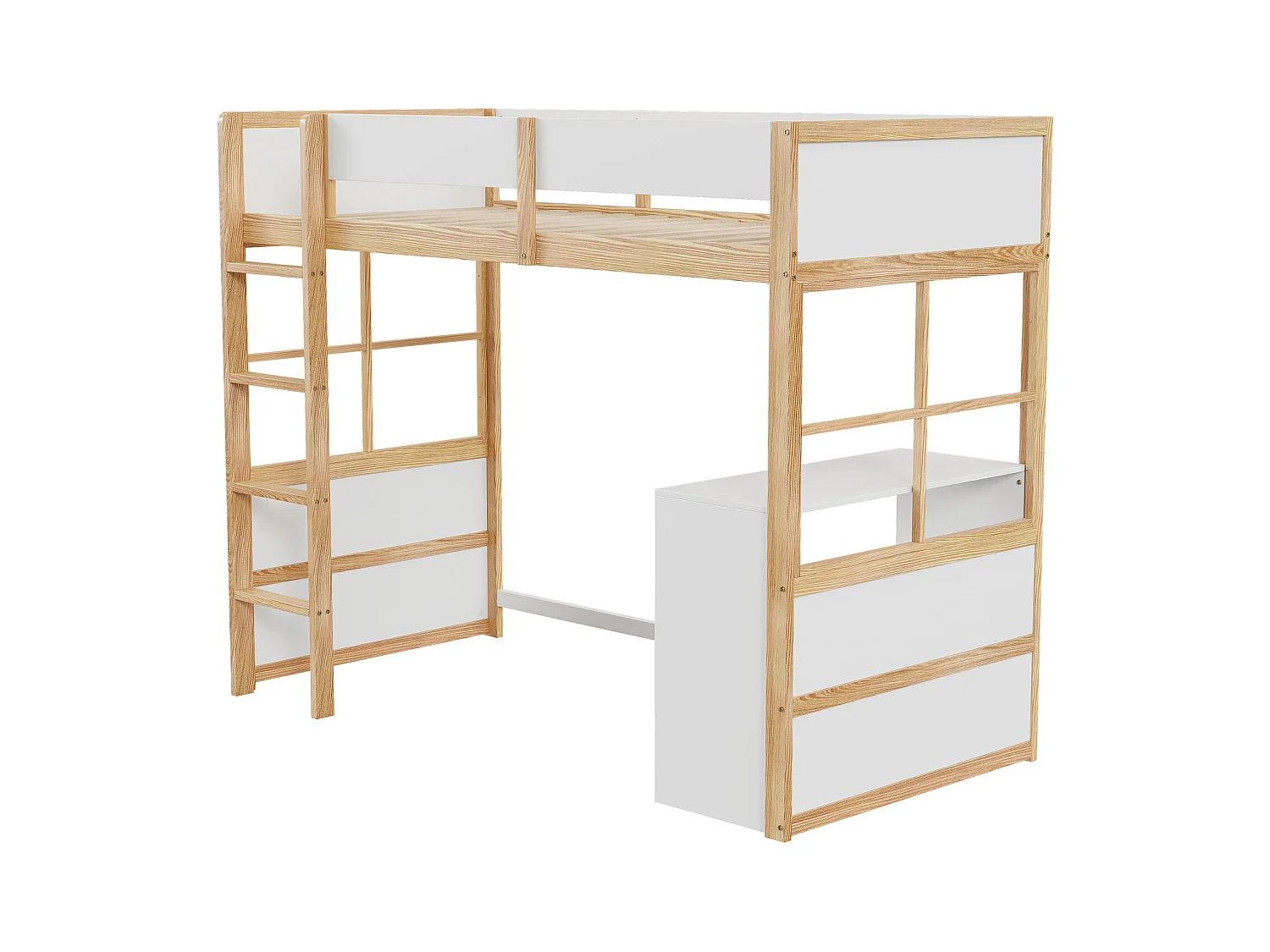 Hochbett aus Holz 90*200cm, Sicherheitstreppe, mit Tisch, Hochzaun-Design, Einzelbett, Babybett, Holz + Weiß