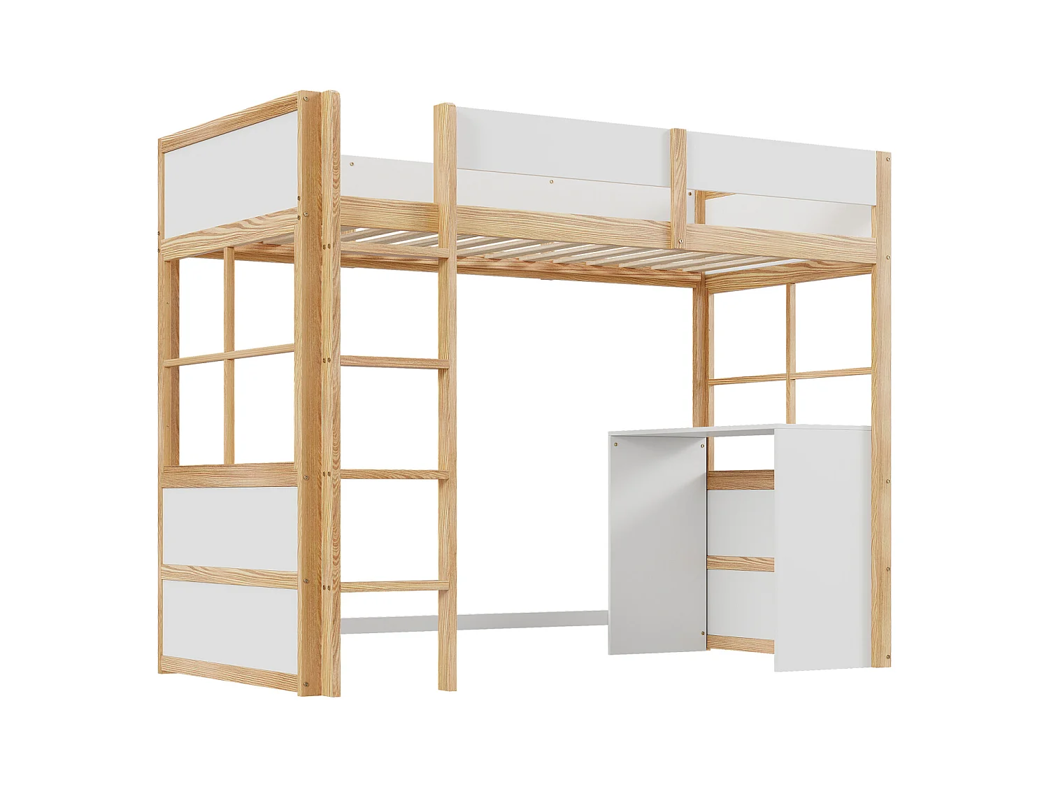 Hochbett aus Holz 90*200cm, Sicherheitstreppe, mit Tisch, Hochzaun-Design, Einzelbett, Babybett, Holz + Weiß