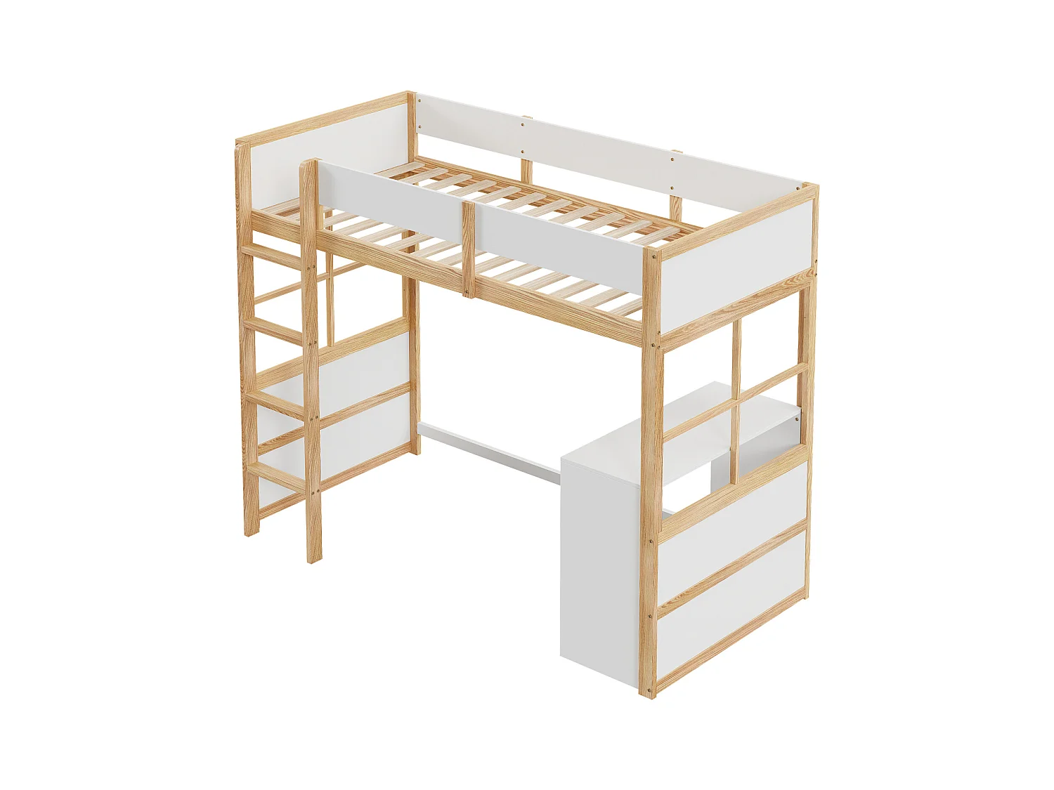 Hochbett aus Holz 90*200cm, Sicherheitstreppe, mit Tisch, Hochzaun-Design, Einzelbett, Babybett, Holz + Weiß