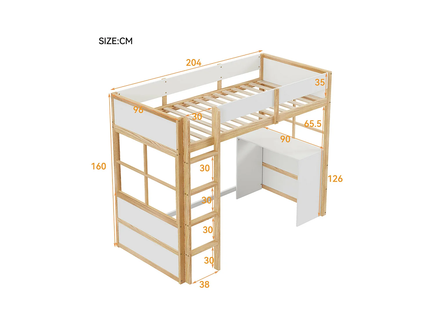 Hochbett aus Holz 90*200cm, Sicherheitstreppe, mit Tisch, Hochzaun-Design, Einzelbett, Babybett, Holz + Weiß