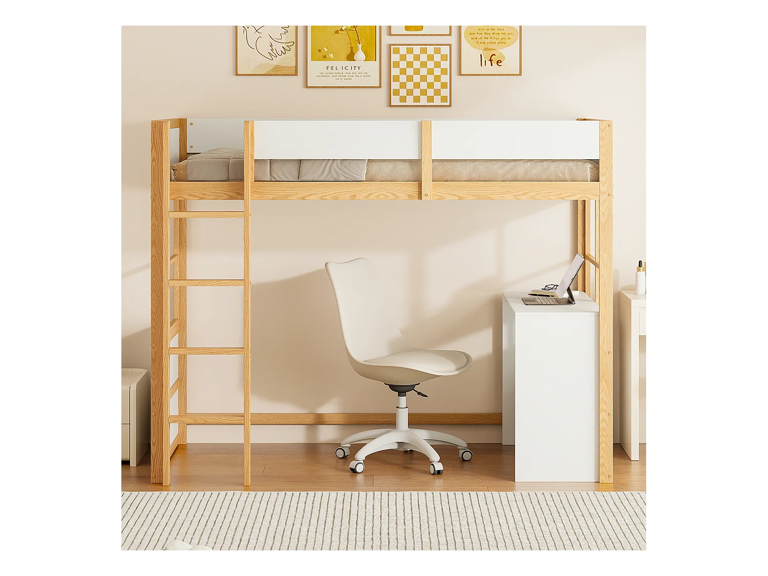 Hochbett aus Holz 90*200cm, Sicherheitstreppe, mit Tisch, Hochzaun-Design, Einzelbett, Babybett, Holz + Weiß