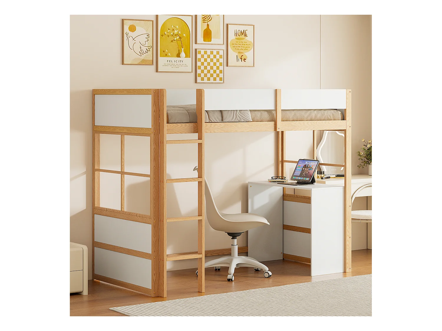 Hochbett aus Holz 90*200cm, Sicherheitstreppe, mit Tisch, Hochzaun-Design, Einzelbett, Babybett, Holz + Weiß