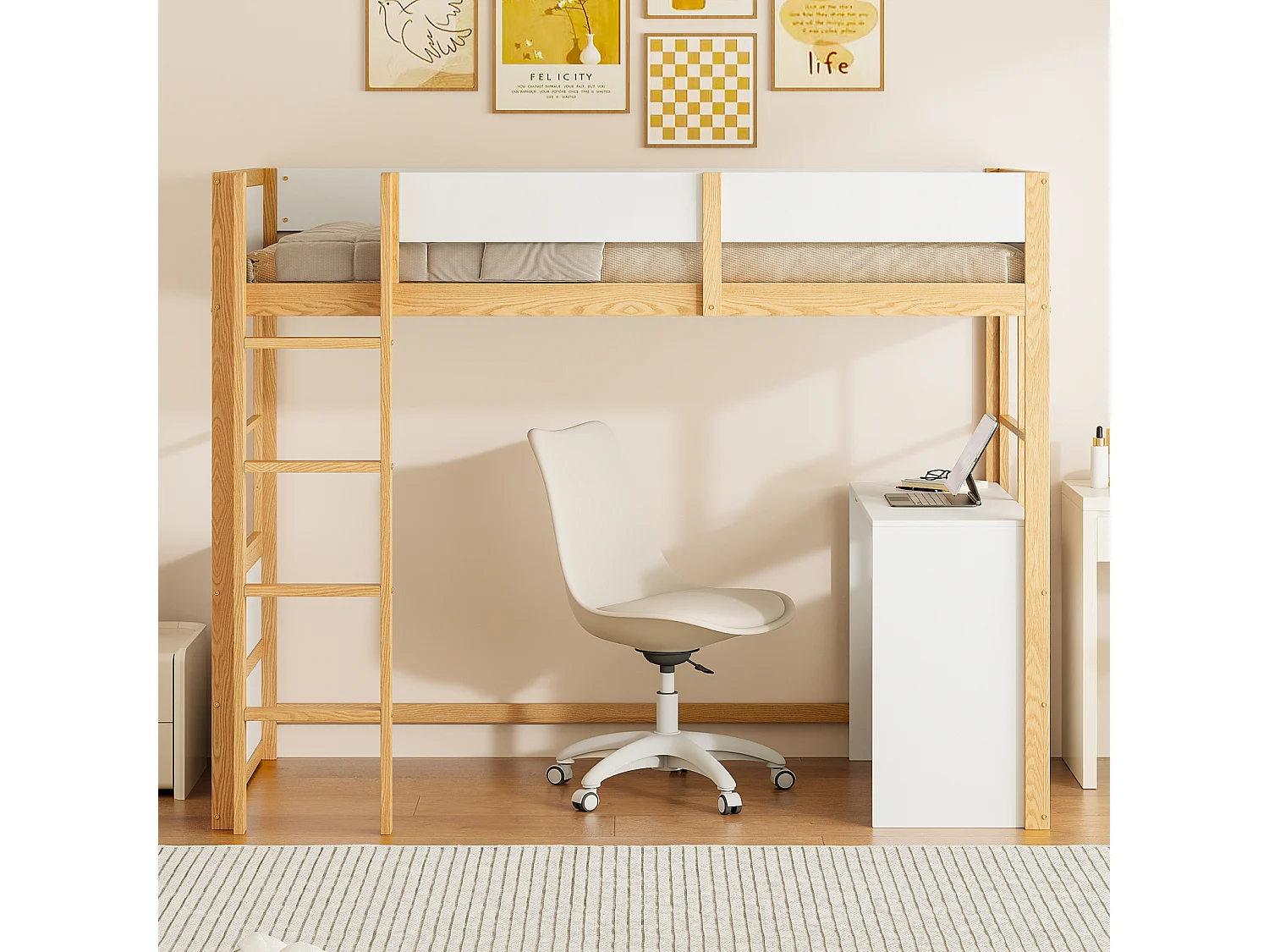 Letto a soppalco in legno 90*200cm, scale di sicurezza, con tavolo, design recinzione alta, letto singolo, lettino per bambini, legno+bianco
