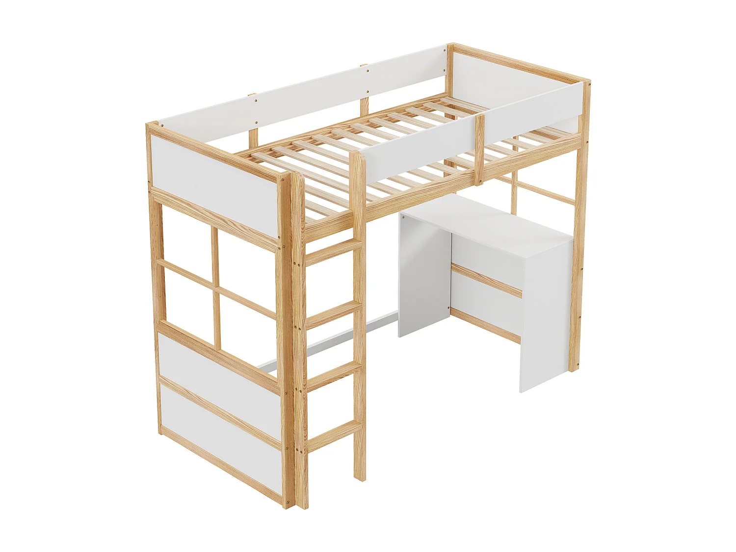 Letto a soppalco in legno 90*200cm, scale di sicurezza, con tavolo, design recinzione alta, letto singolo, lettino per bambini, legno+bianco