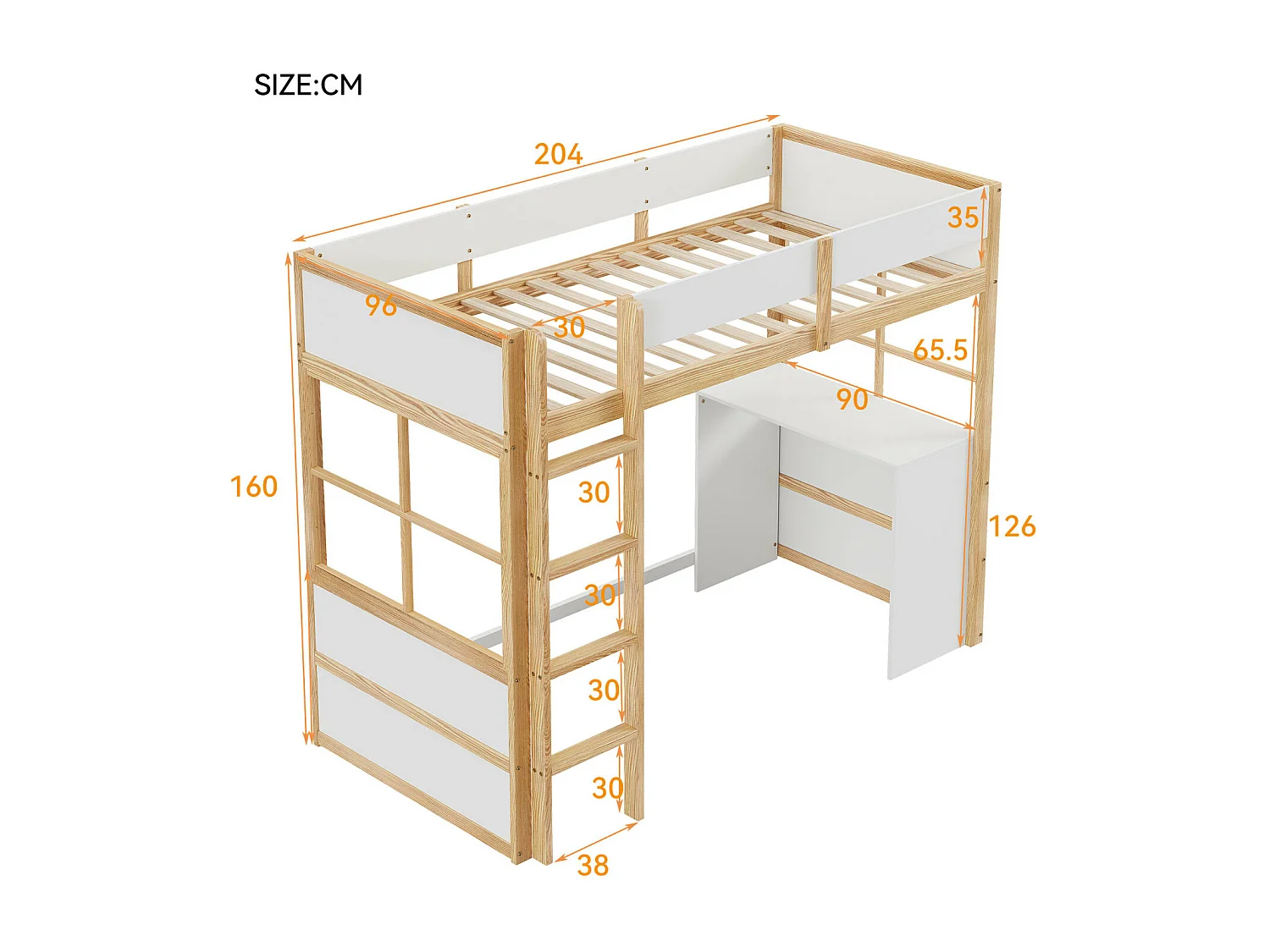 Letto a soppalco in legno 90*200cm, scale di sicurezza, con tavolo, design recinzione alta, letto singolo, lettino per bambini, legno+bianco
