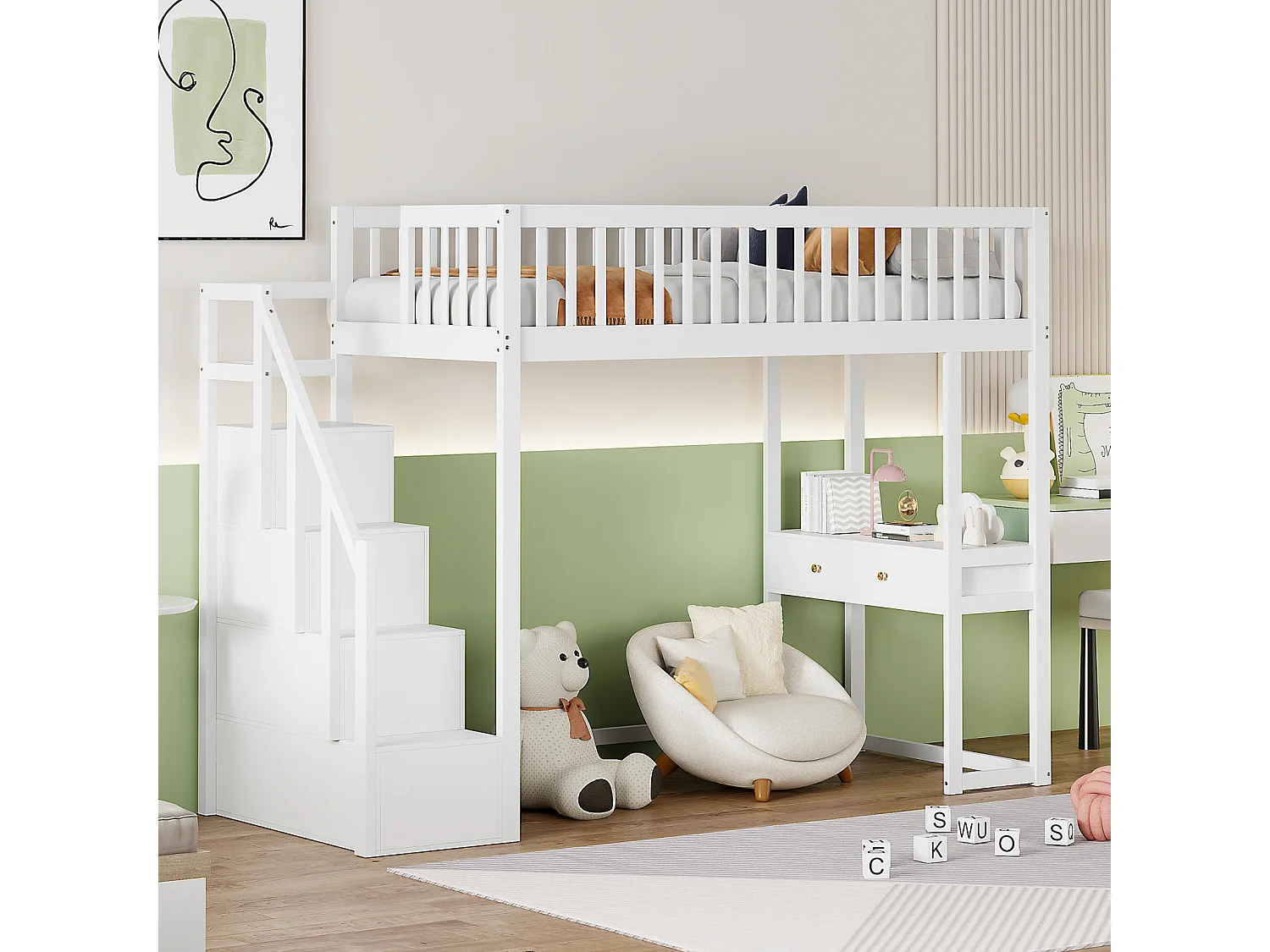 Lit mezzanine - 90x200 cm - avec table, escalier de rangement sécurisé, cadre de lit en bois de pin massif pour enfants et adolescents blanc